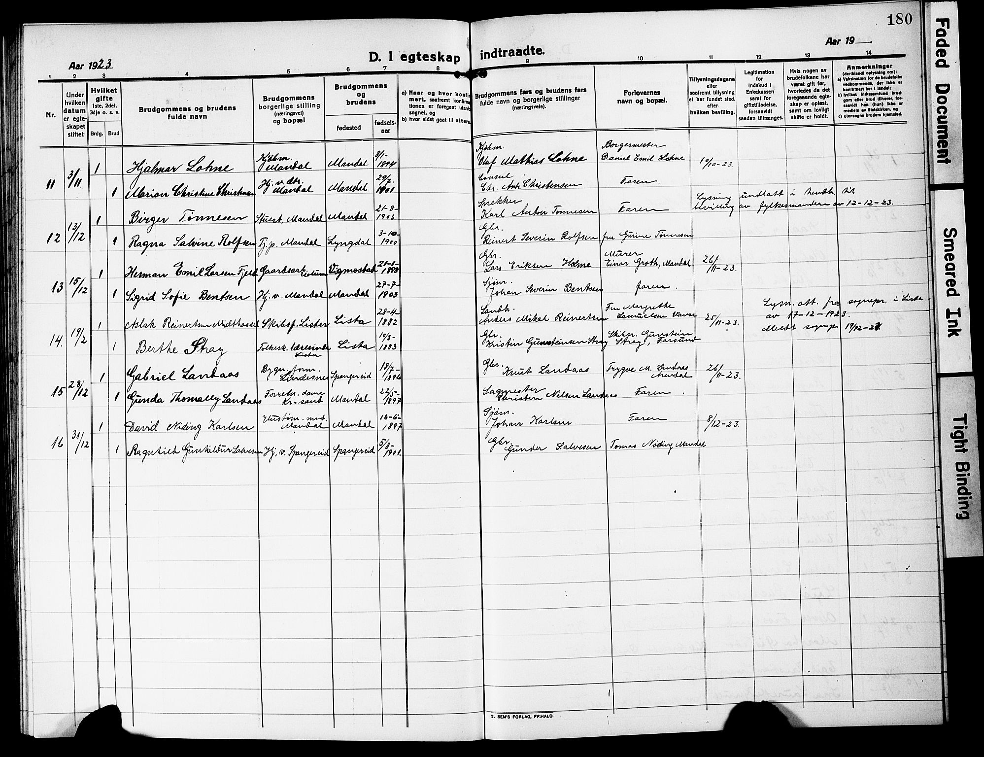 Mandal sokneprestkontor, SAK/1111-0030/F/Fb/Fbc/L0001: Parish register (copy) no. B 1, 1918-1931, p. 180