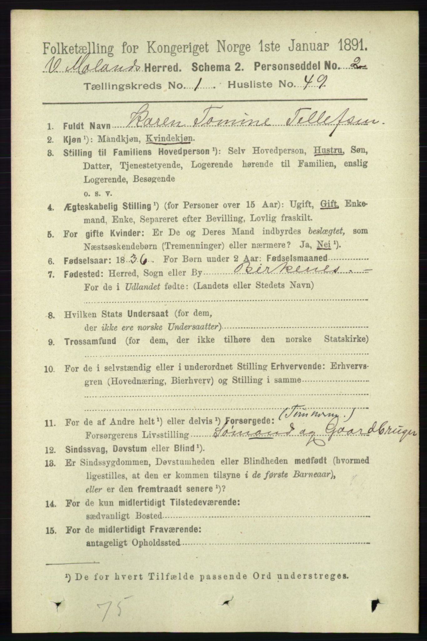 RA, 1891 census for 0926 Vestre Moland, 1891, p. 388