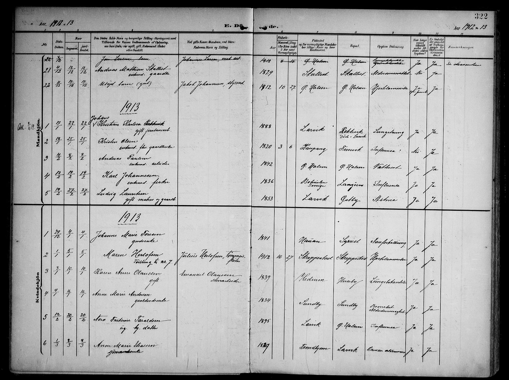 Tjølling kirkebøker, AV/SAKO-A-60/F/Fa/L0010: Parish register (official) no. 10, 1906-1923, p. 322