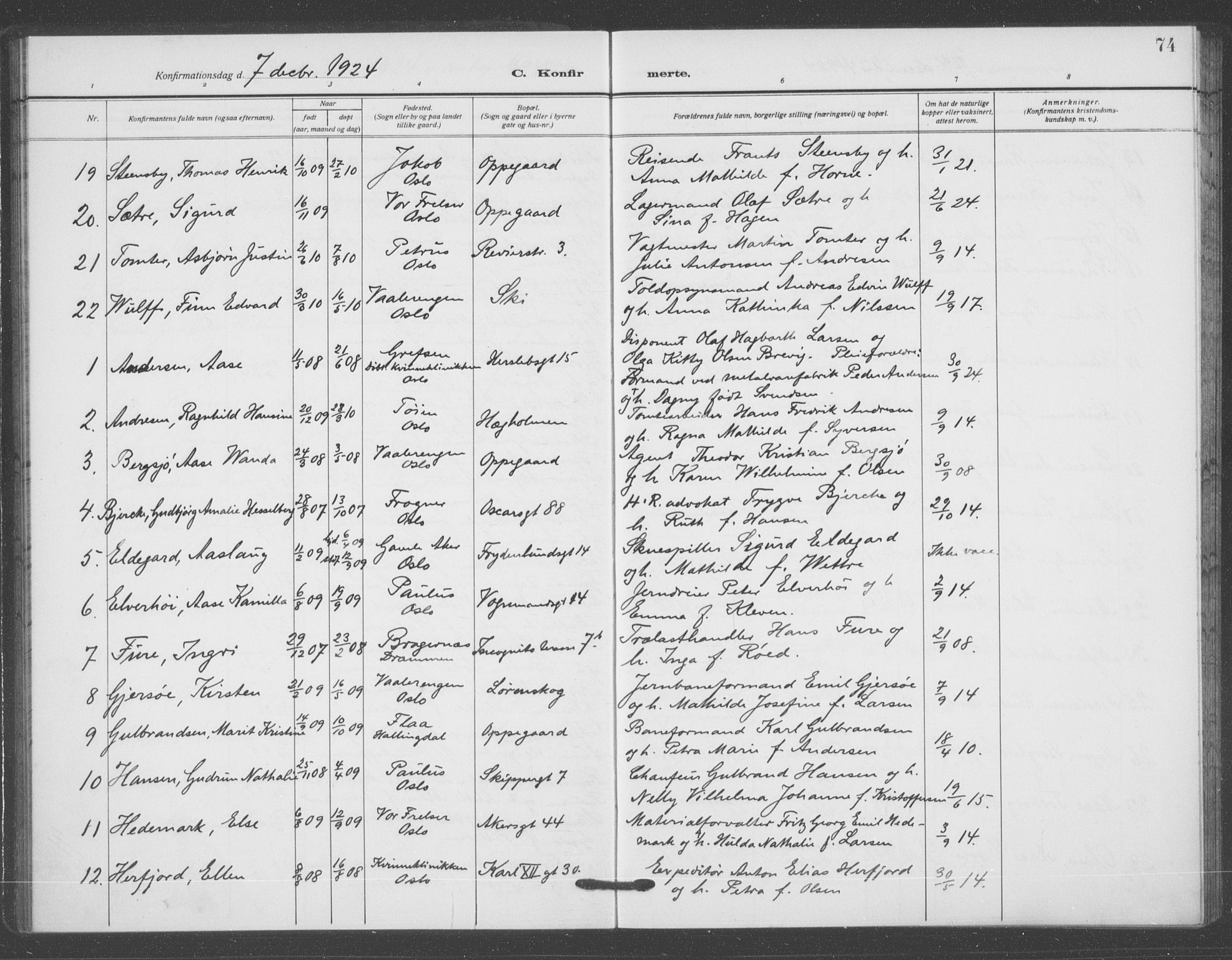 Oslo domkirke Kirkebøker, AV/SAO-A-10752/F/Fa/L0031: Parish register (official) no. 31, 1918-1941, p. 74
