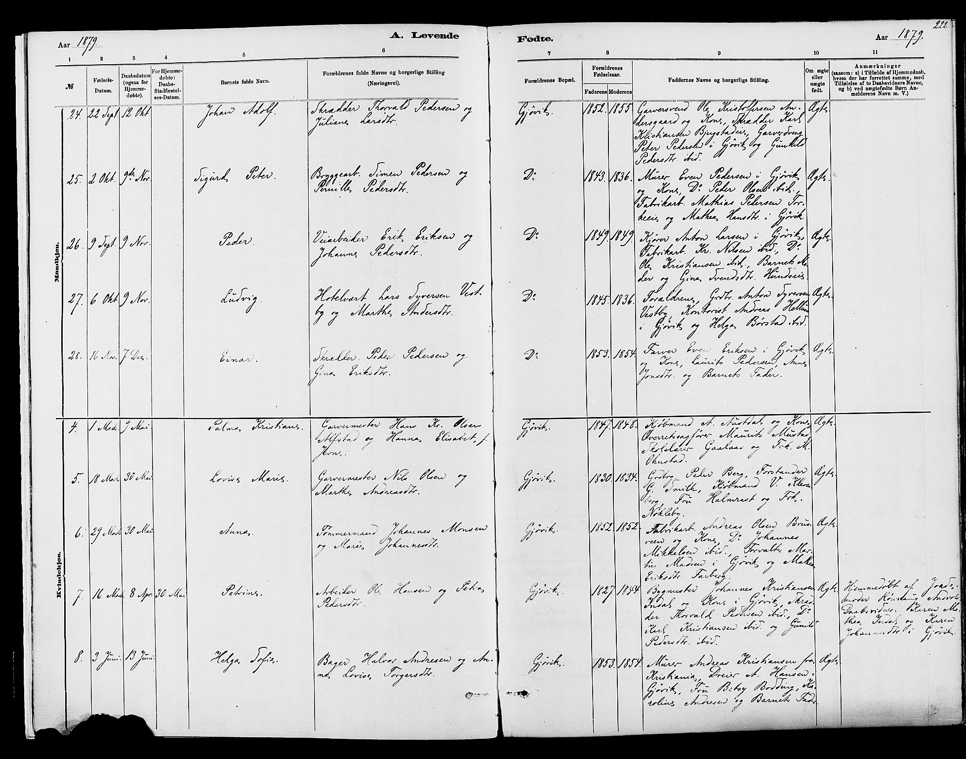 Vardal prestekontor, SAH/PREST-100/H/Ha/Haa/L0008: Parish register (official) no. 8, 1878-1890, p. 222