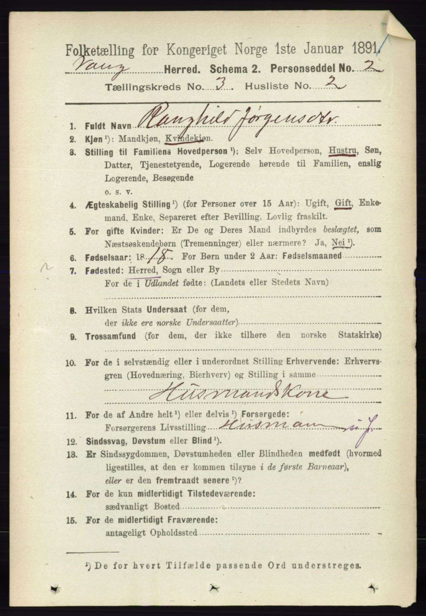 RA, 1891 census for 0414 Vang, 1891, p. 1897