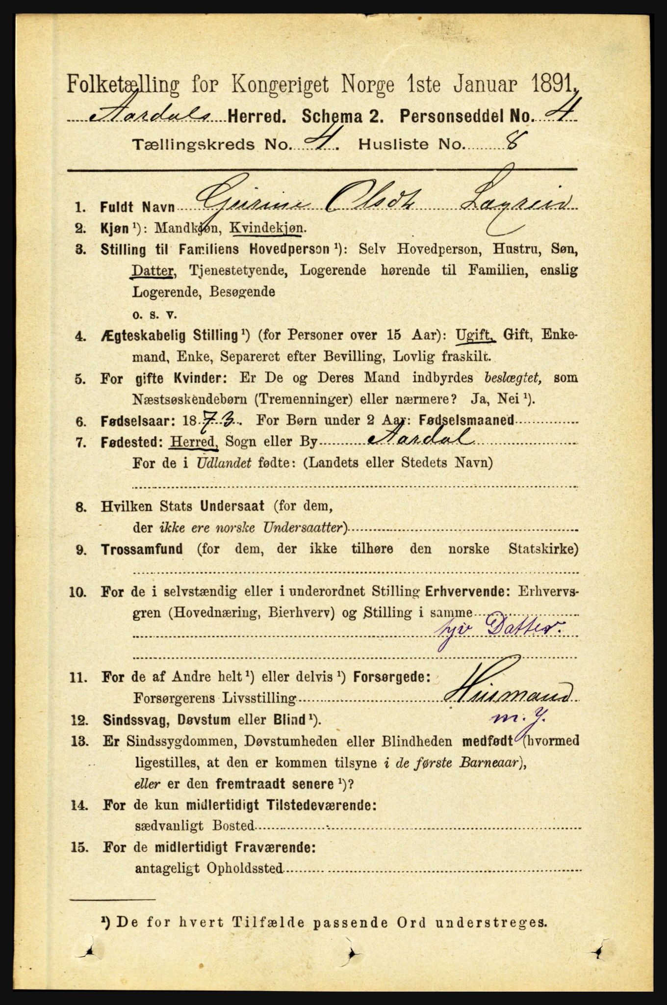 RA, 1891 census for 1424 Årdal, 1891, p. 685