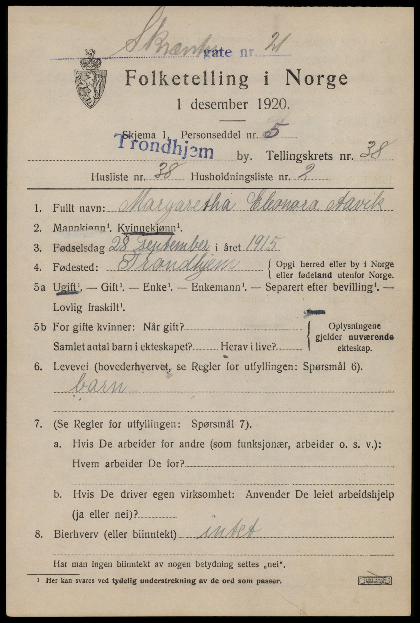 SAT, 1920 census for Trondheim, 1920, p. 87400