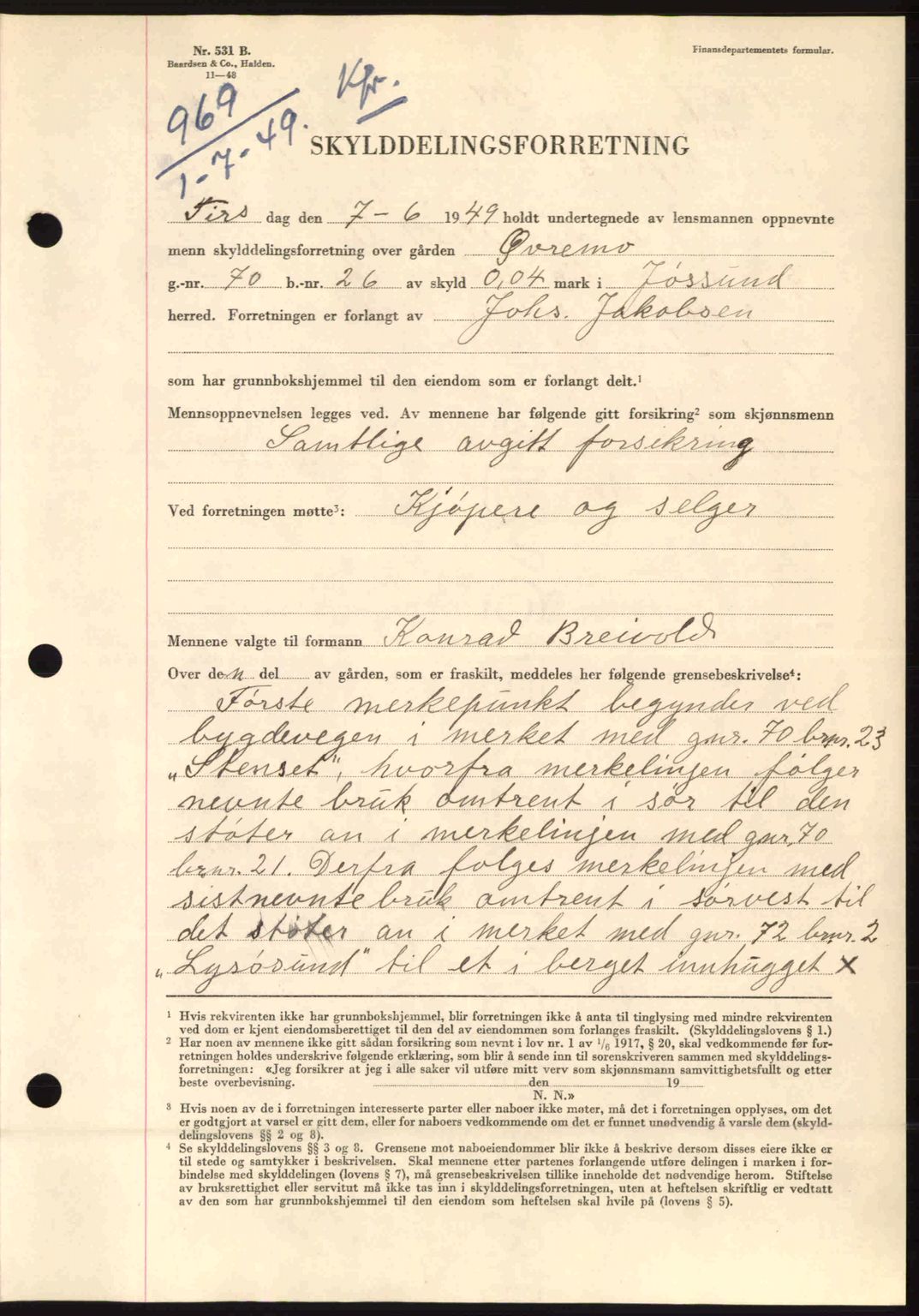 Fosen sorenskriveri, AV/SAT-A-1107/1/2/2C: Mortgage book no. A9, 1948-1949, Diary no: : 969/1949