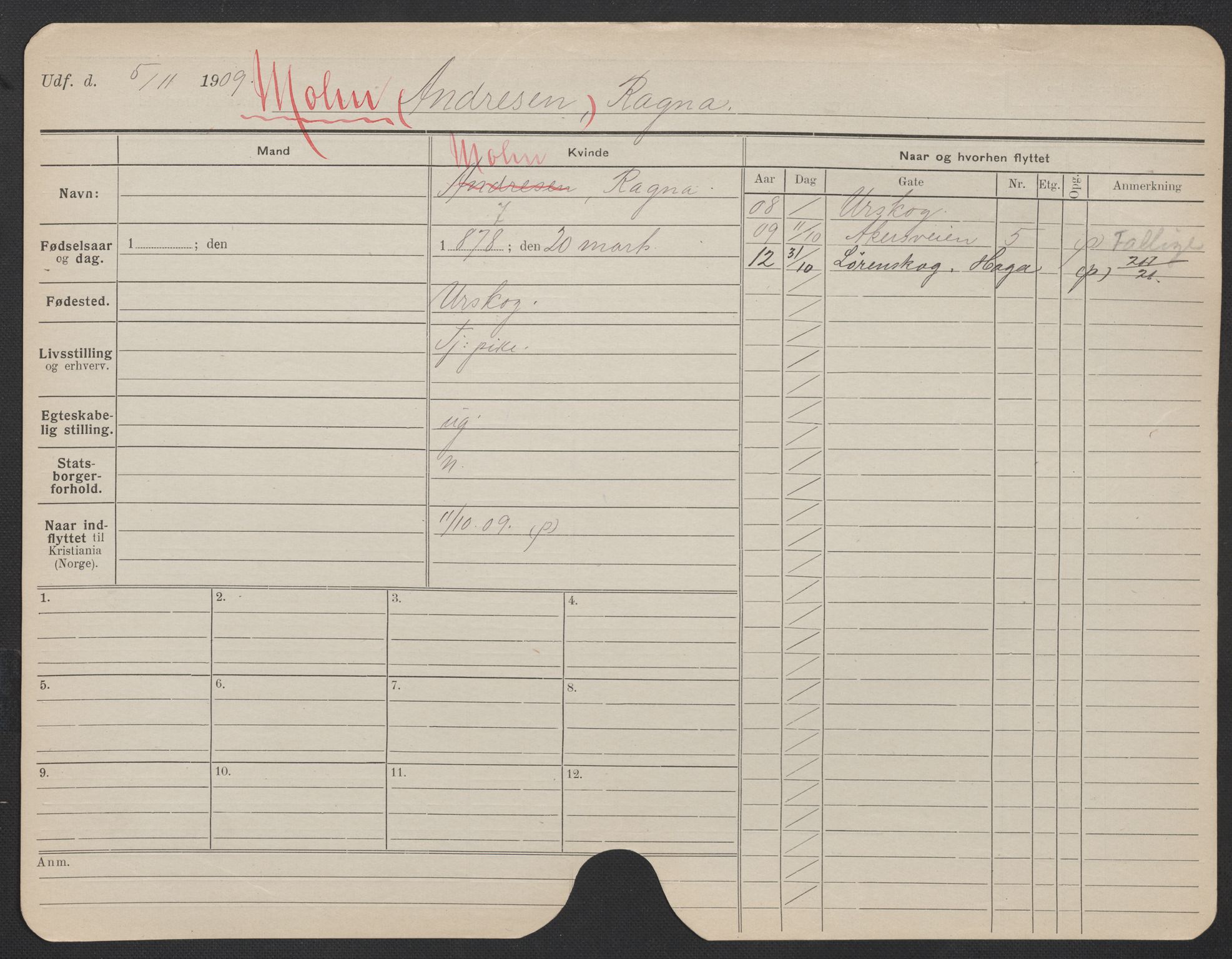 Oslo folkeregister, Registerkort, AV/SAO-A-11715/F/Fa/Fac/L0020: Kvinner, 1906-1914, p. 999a