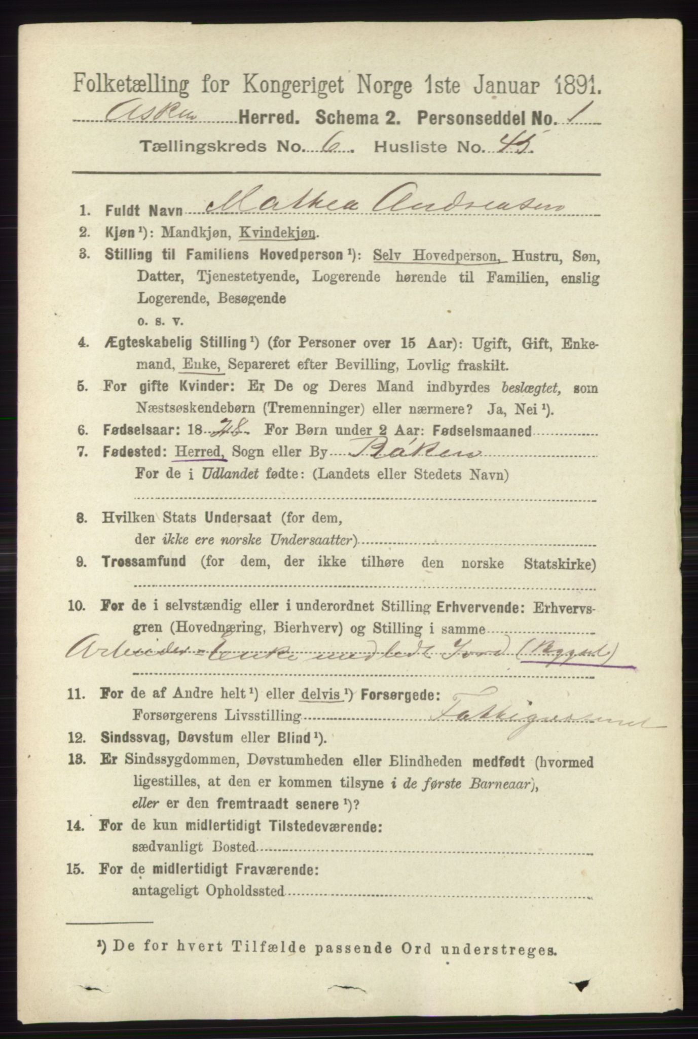 RA, 1891 census for 0220 Asker, 1891, p. 4460