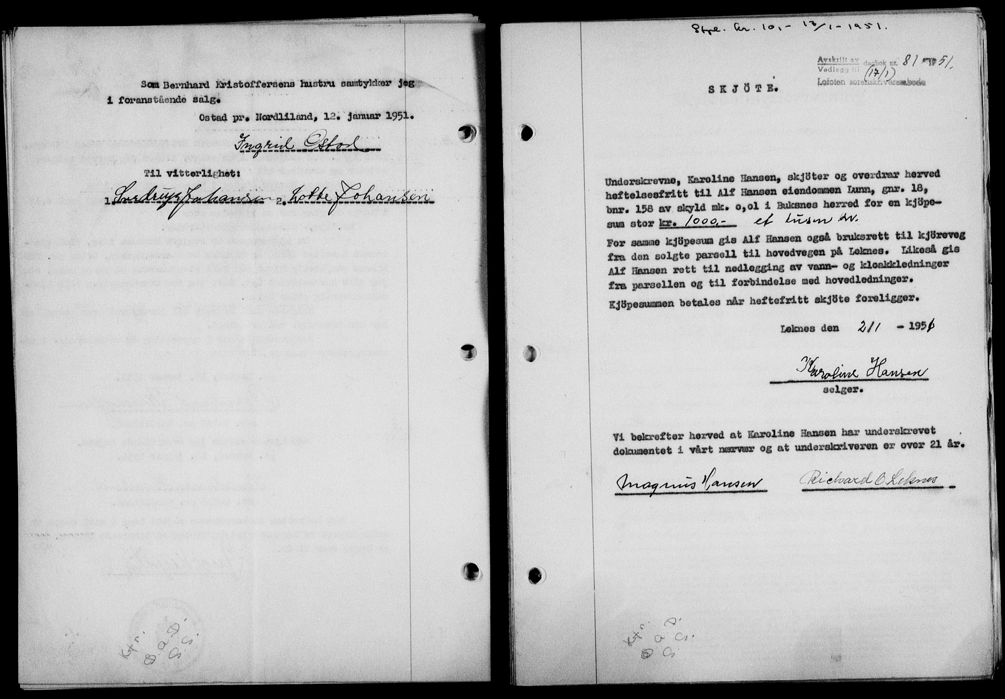 Lofoten sorenskriveri, SAT/A-0017/1/2/2C/L0025a: Mortgage book no. 25a, 1950-1951, Diary no: : 81/1951