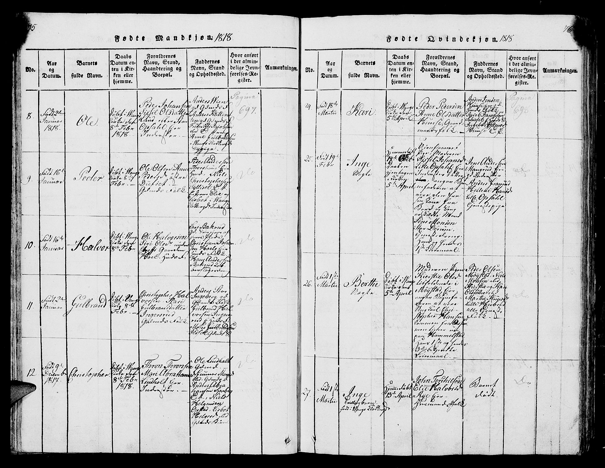 Vang prestekontor, Hedmark, AV/SAH-PREST-008/H/Ha/Hab/L0004: Parish register (copy) no. 4, 1813-1827, p. 75-76