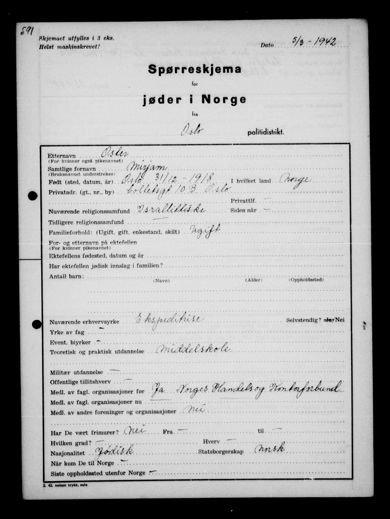 Statspolitiet - Hovedkontoret / Osloavdelingen, AV/RA-S-1329/G/Ga/L0010: Spørreskjema for jøder i Norge, Oslo Hansen-Pintzow, 1942, p. 993