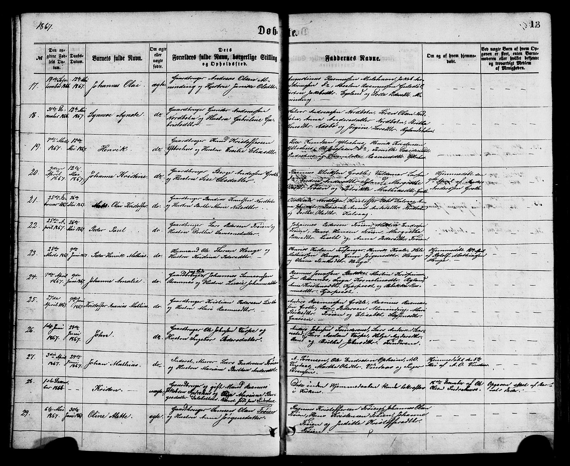 Bremanger sokneprestembete, SAB/A-82201/H/Hab/Haba/L0002: Parish register (copy) no. A 2, 1866-1889, p. 13