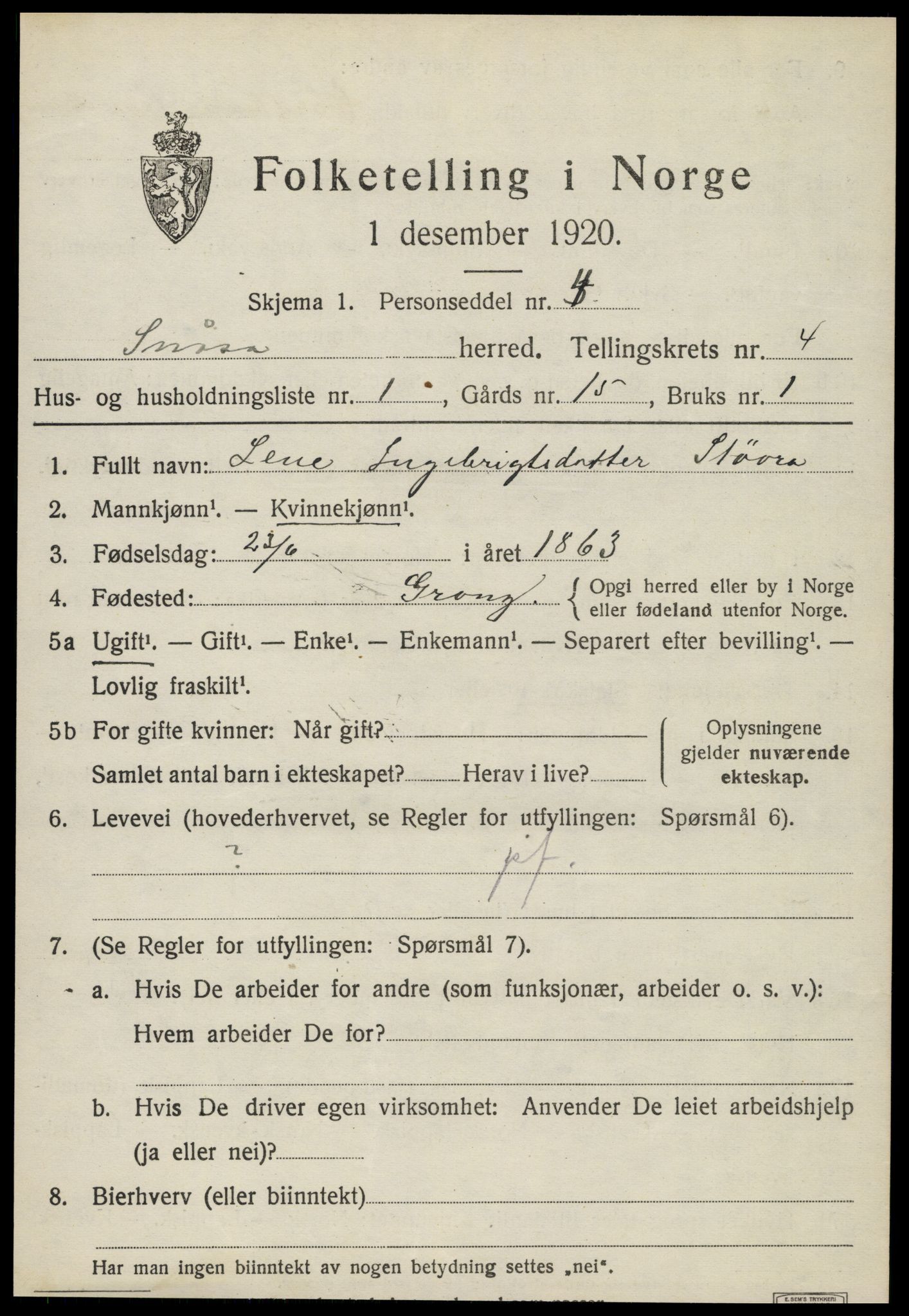 SAT, 1920 census for Snåsa, 1920, p. 1962