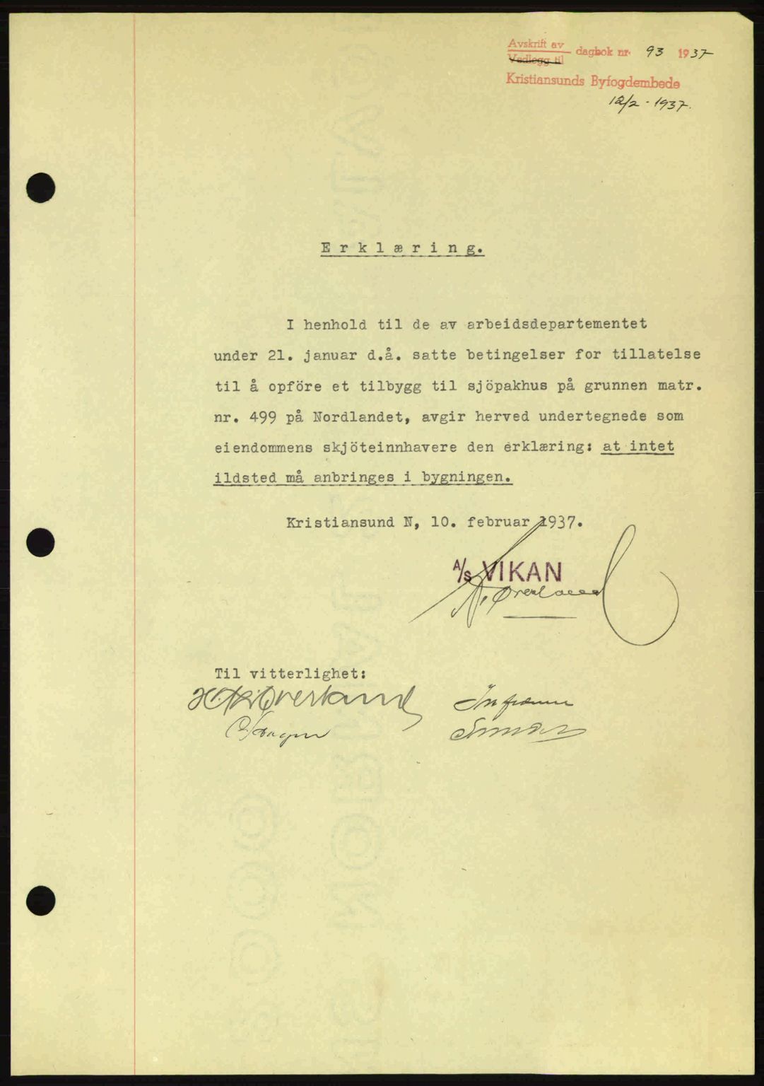 Kristiansund byfogd, AV/SAT-A-4587/A/27: Mortgage book no. 29, 1936-1937, Diary no: : 93/1937