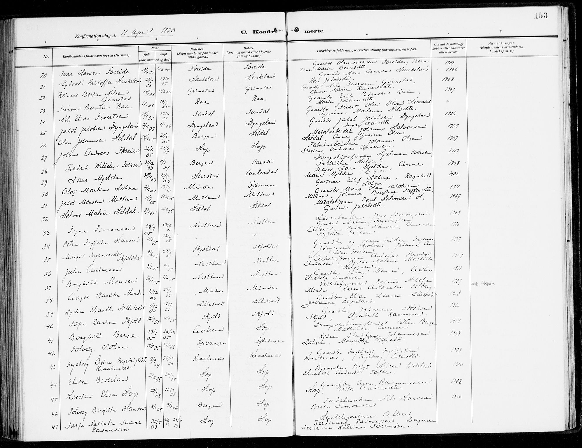 Fana Sokneprestembete, SAB/A-75101/H/Haa/Haai/L0004: Parish register (official) no. I 4, 1912-1933, p. 153