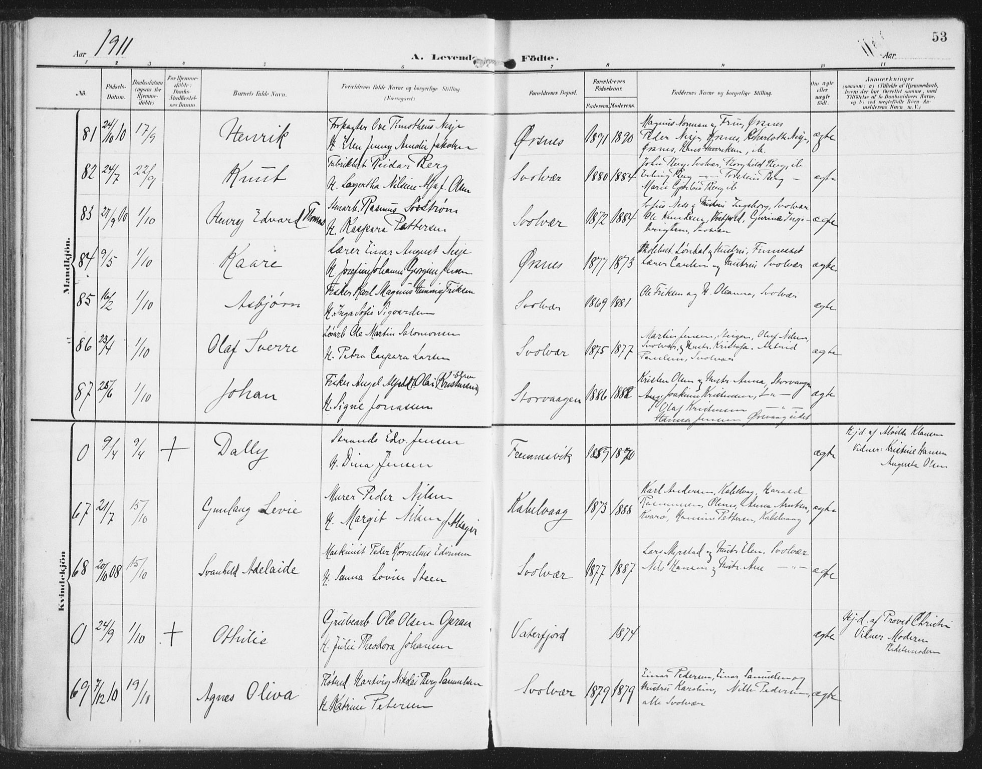 Ministerialprotokoller, klokkerbøker og fødselsregistre - Nordland, AV/SAT-A-1459/874/L1063: Parish register (official) no. 874A07, 1907-1915, p. 53