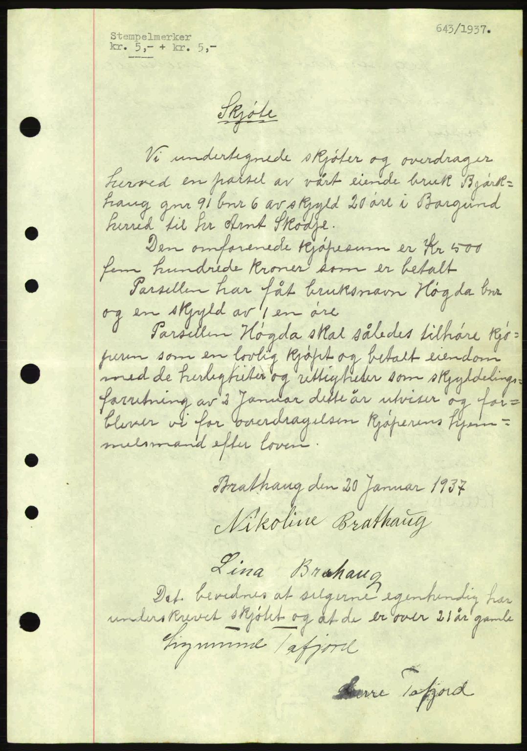 Nordre Sunnmøre sorenskriveri, AV/SAT-A-0006/1/2/2C/2Ca: Mortgage book no. A2, 1936-1937, Diary no: : 643/1937