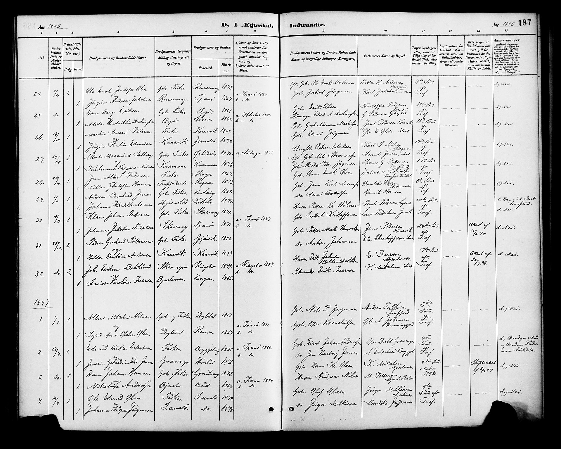 Lenvik sokneprestembete, SATØ/S-1310/H/Ha/Haa/L0013kirke: Parish register (official) no. 13, 1890-1898, p. 187