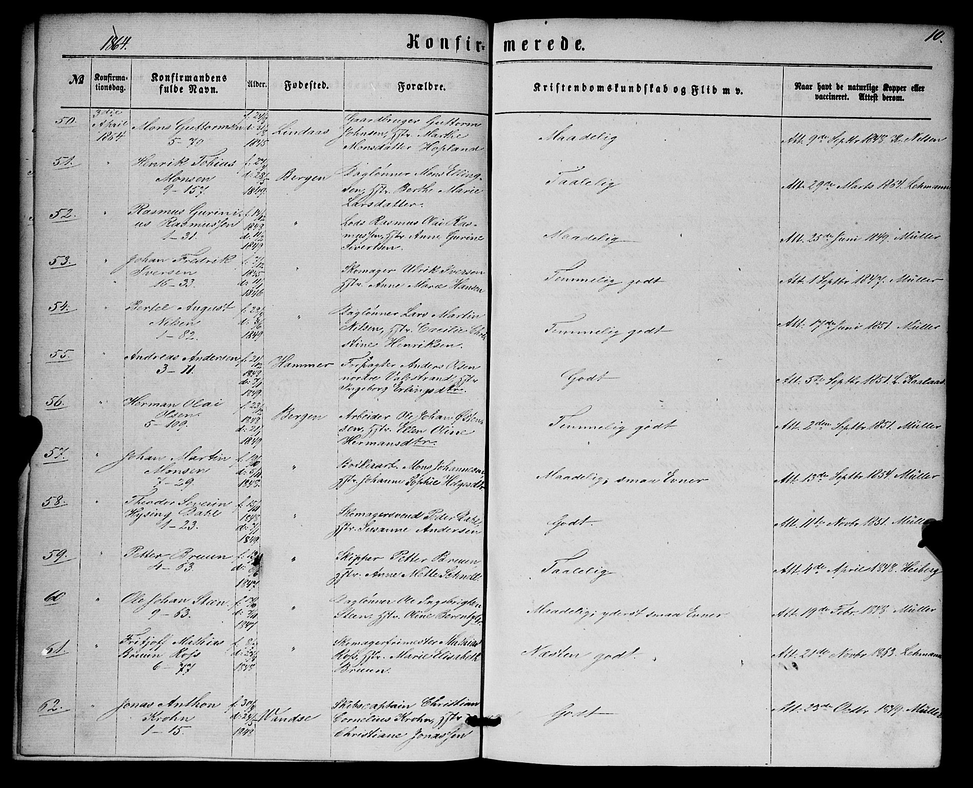 Nykirken Sokneprestembete, SAB/A-77101/H/Haa/L0024: Parish register (official) no. C 3, 1864-1870, p. 10