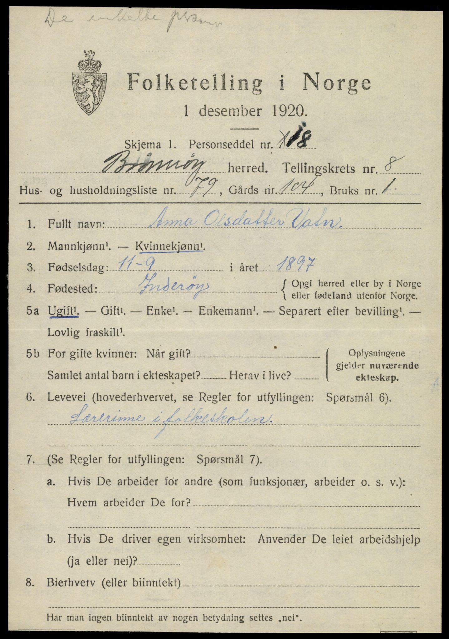 SAT, 1920 census for Brønnøy, 1920, p. 7046