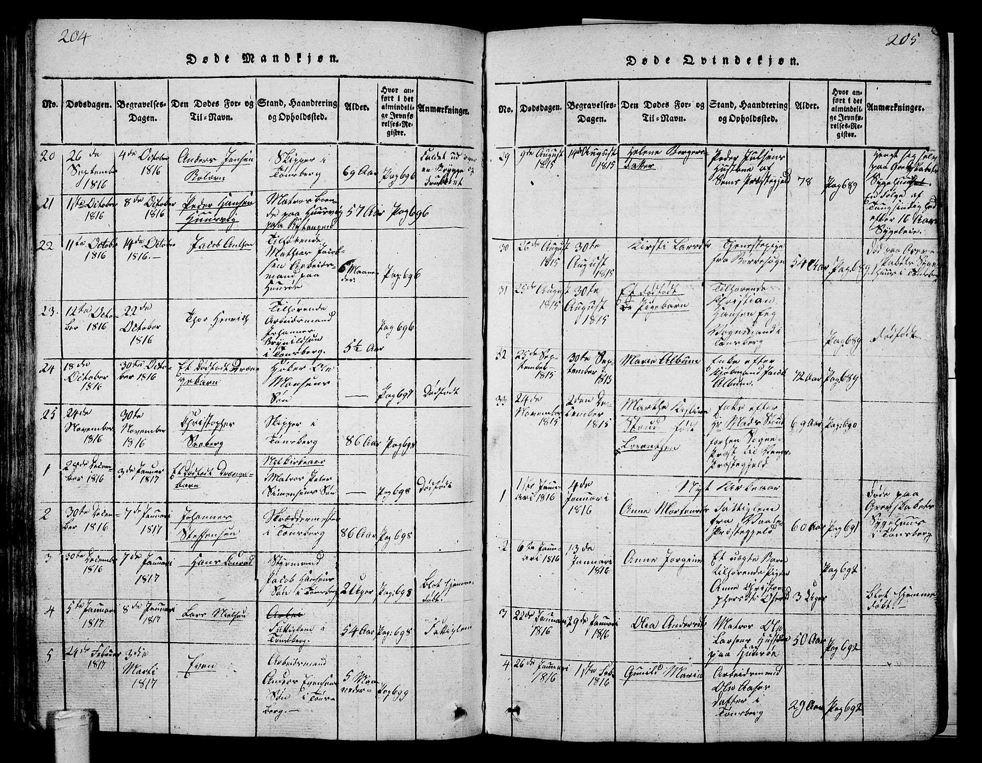 Tønsberg kirkebøker, AV/SAKO-A-330/G/Ga/L0001: Parish register (copy) no. 1, 1813-1826, p. 204-205