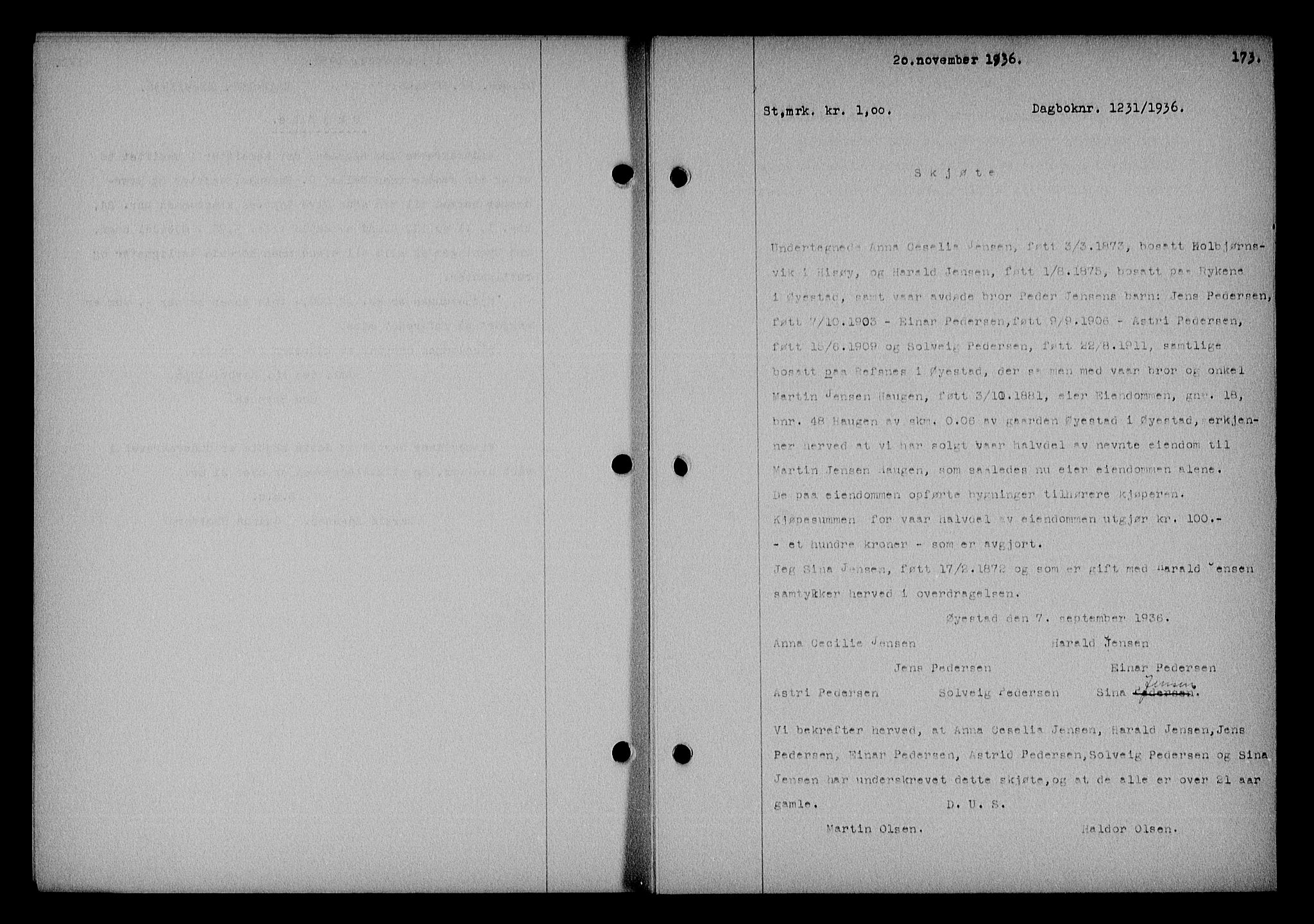 Nedenes sorenskriveri, SAK/1221-0006/G/Gb/Gba/L0043: Mortgage book no. 39, 1936-1937, Diary no: : 1231/1936