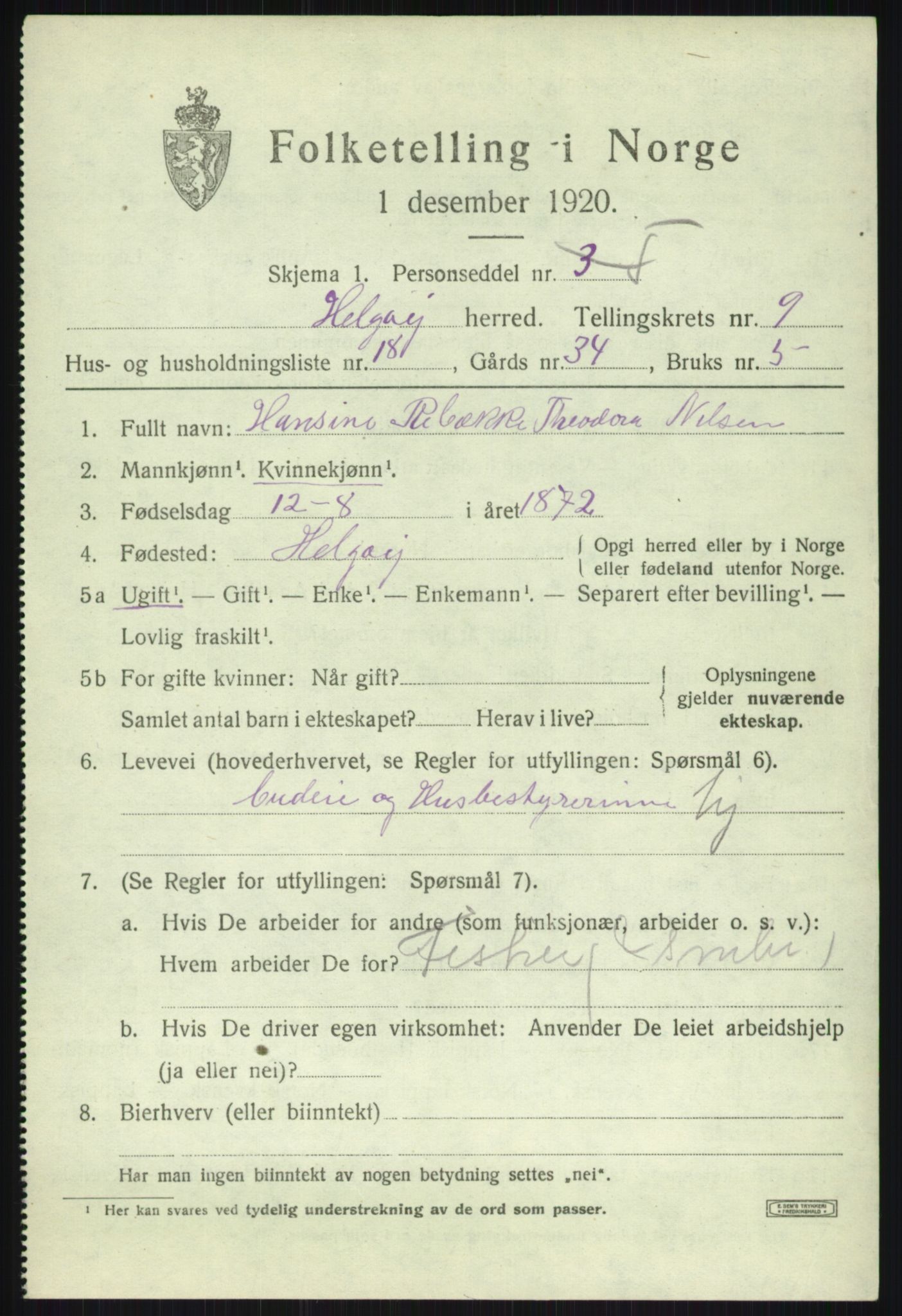 SATØ, 1920 census for Helgøy, 1920, p. 3529