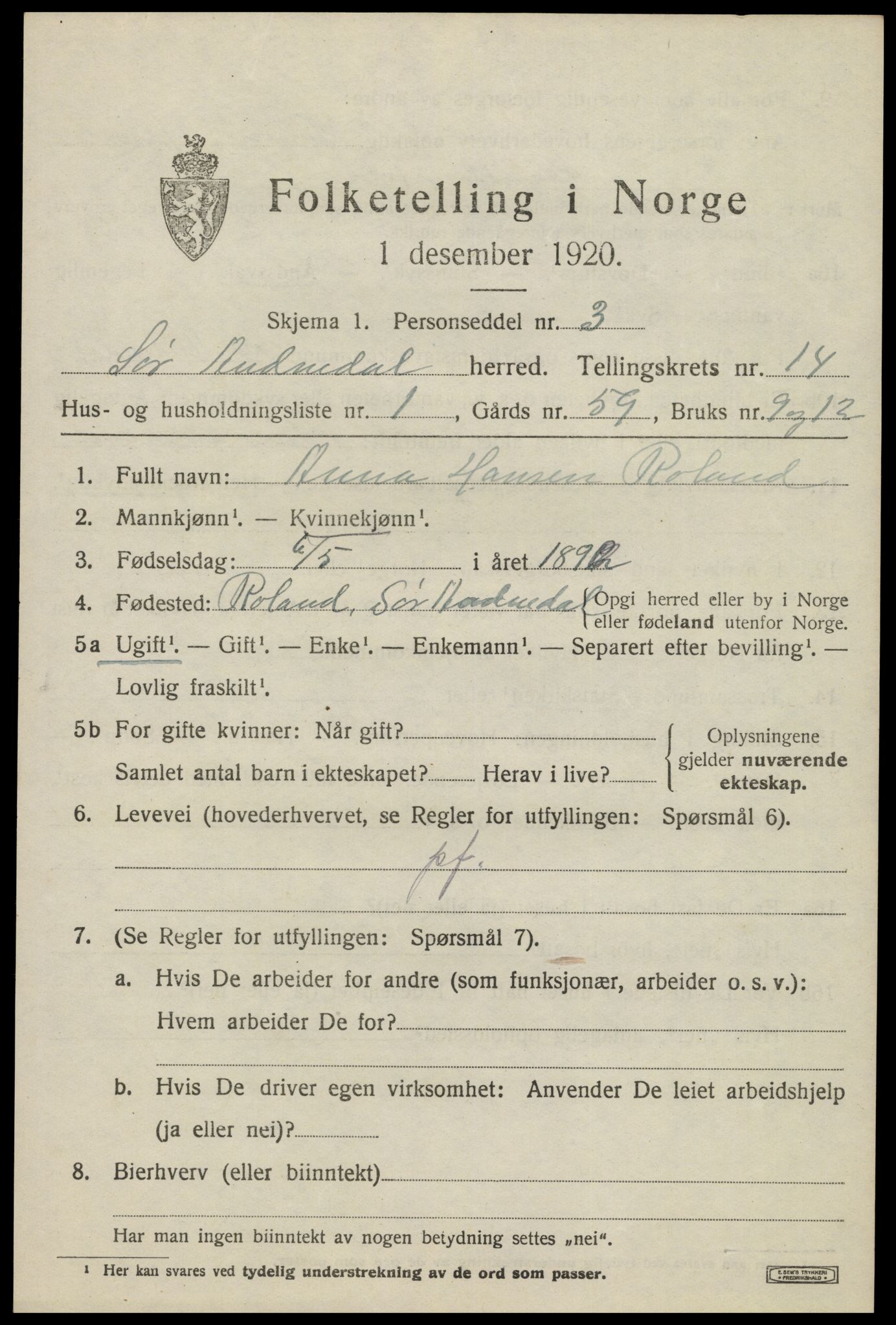 SAK, 1920 census for Sør-Audnedal, 1920, p. 5157