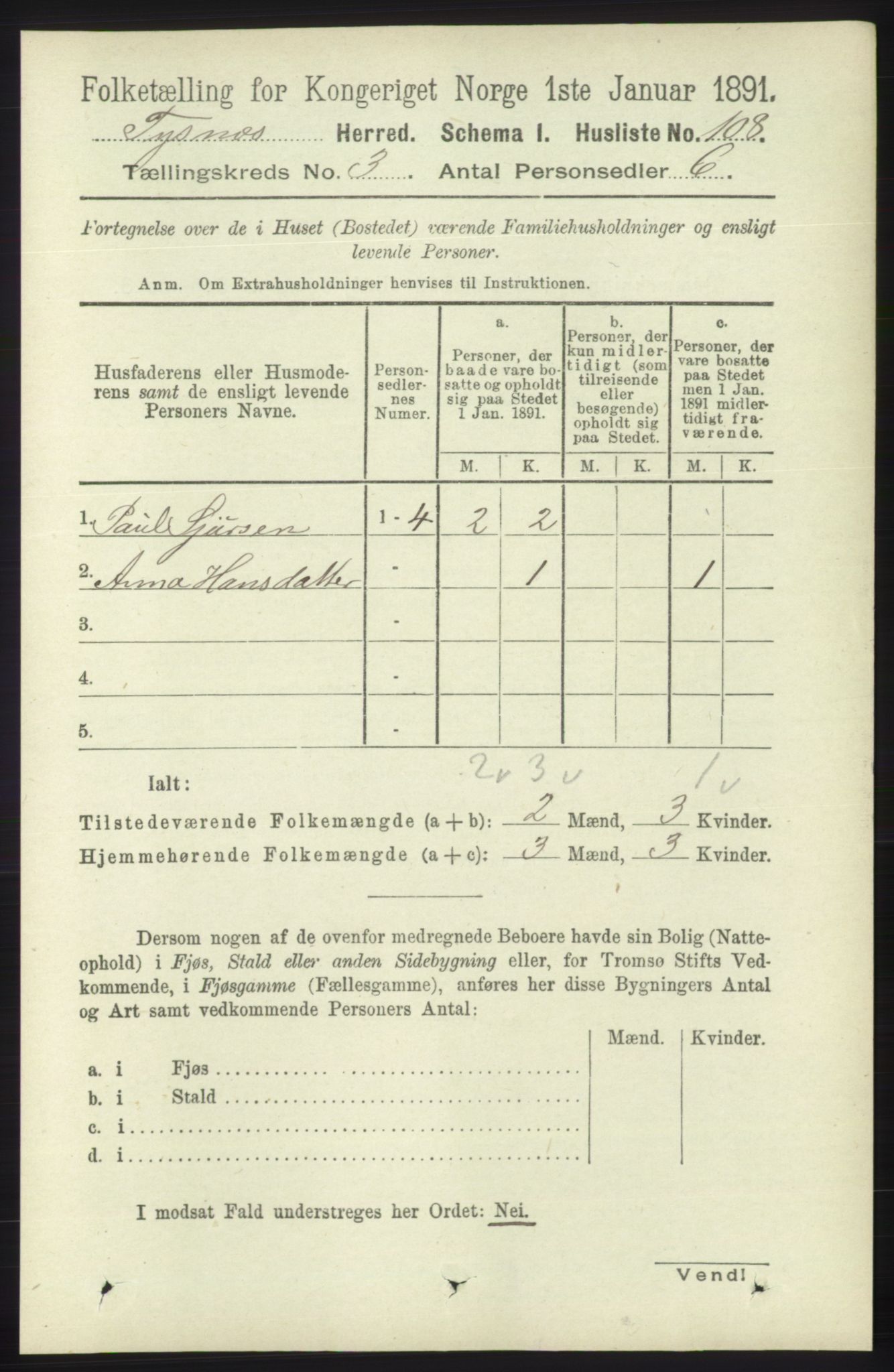 RA, 1891 census for 1223 Tysnes, 1891, p. 834