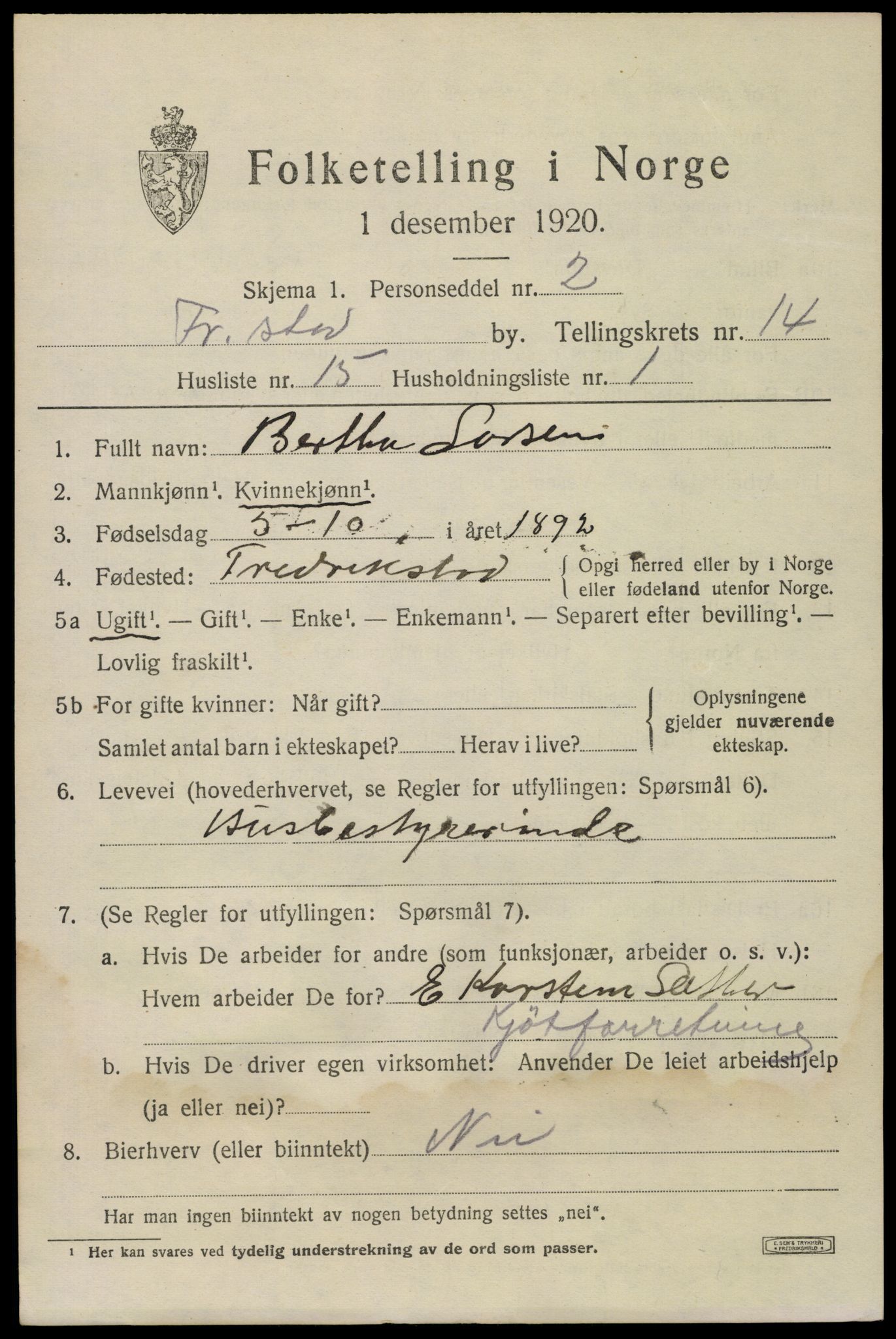 SAO, 1920 census for Fredrikstad, 1920, p. 33713