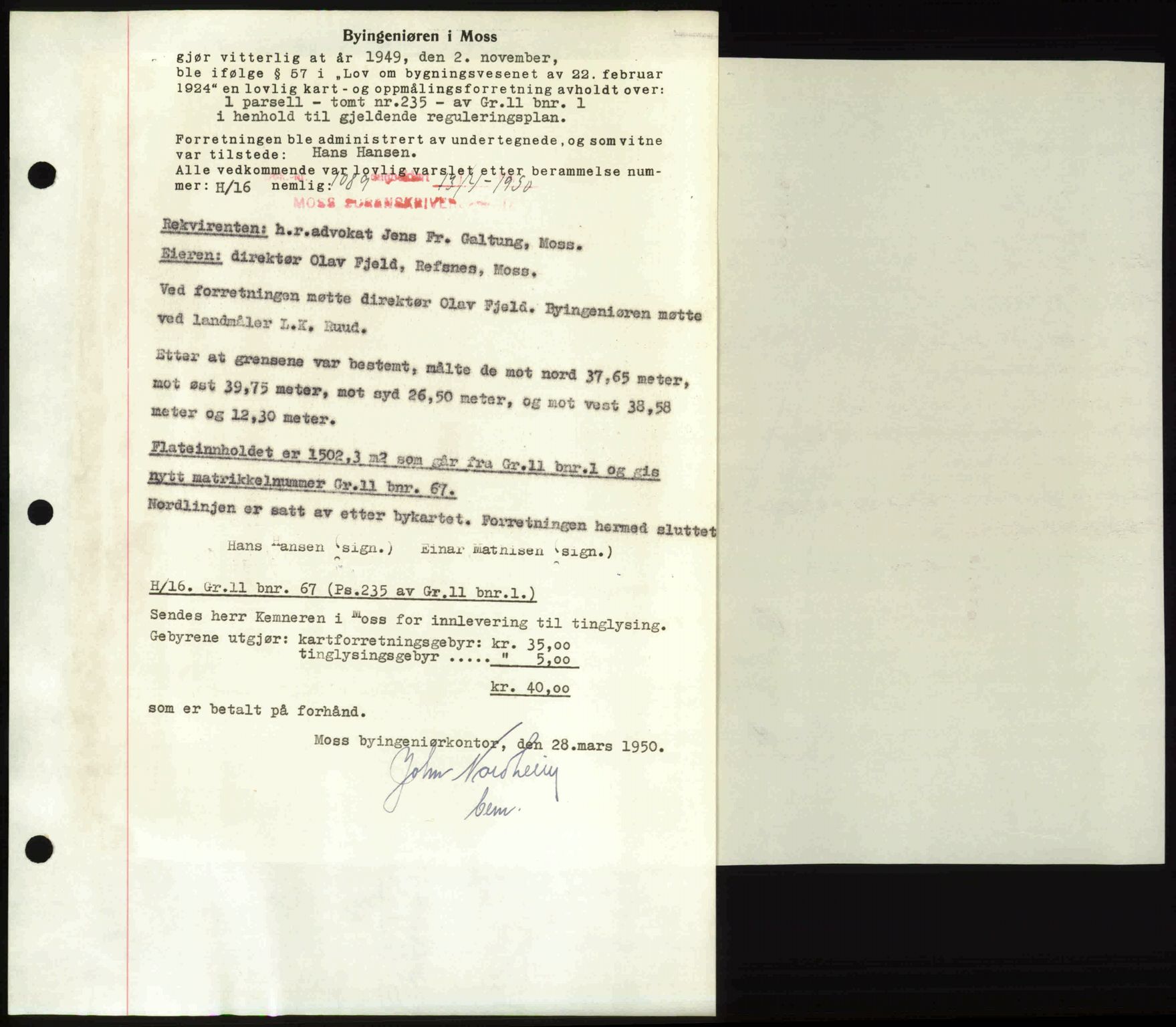 Moss sorenskriveri, SAO/A-10168: Mortgage book no. A25, 1950-1950, Diary no: : 1089/1950