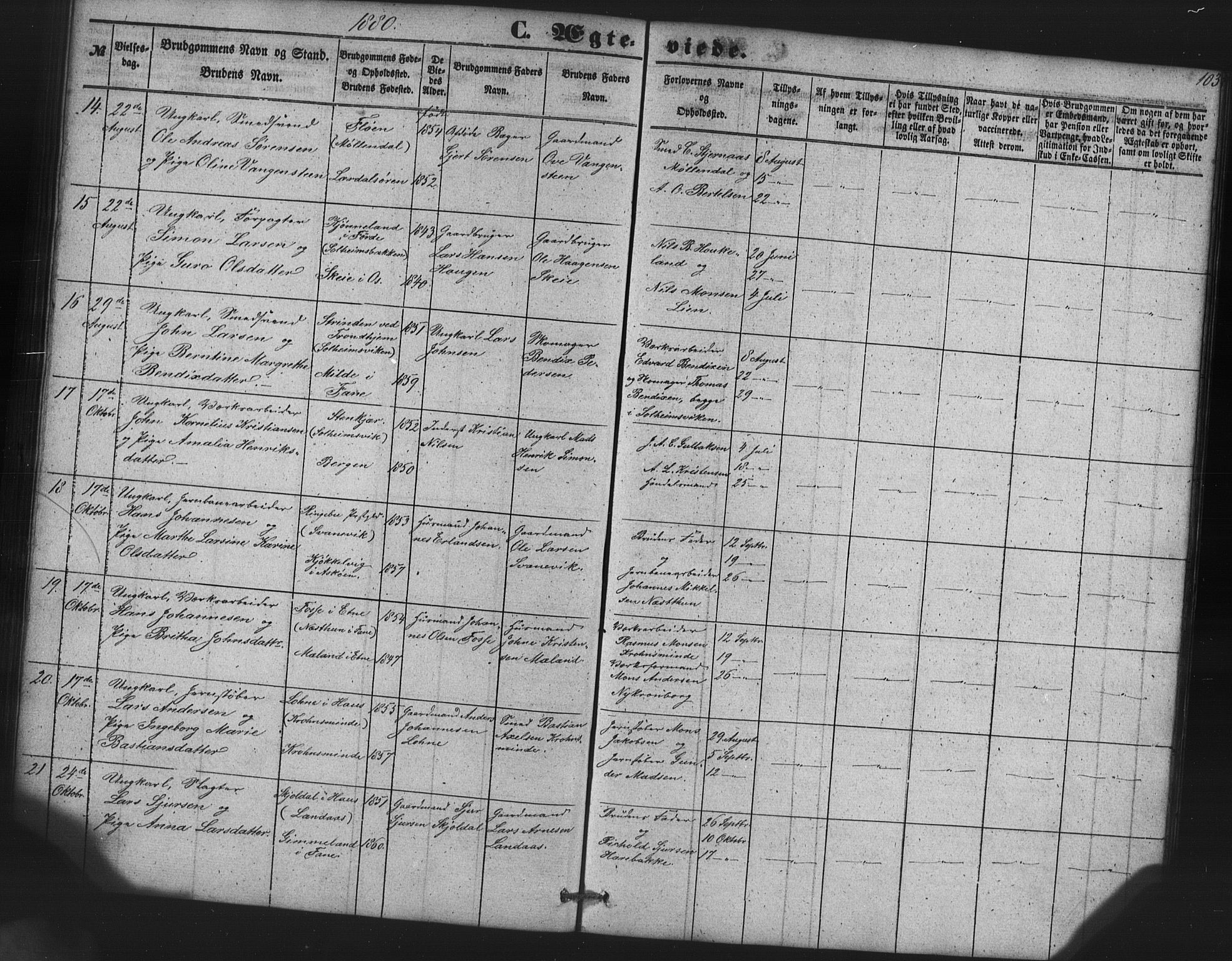 St. Jørgens hospital og Årstad sokneprestembete, AV/SAB-A-99934: Parish register (copy) no. A 7, 1854-1886, p. 103