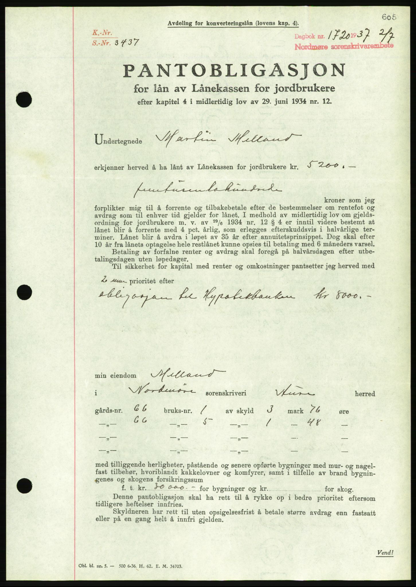 Nordmøre sorenskriveri, AV/SAT-A-4132/1/2/2Ca/L0091: Mortgage book no. B81, 1937-1937, Diary no: : 1720/1937