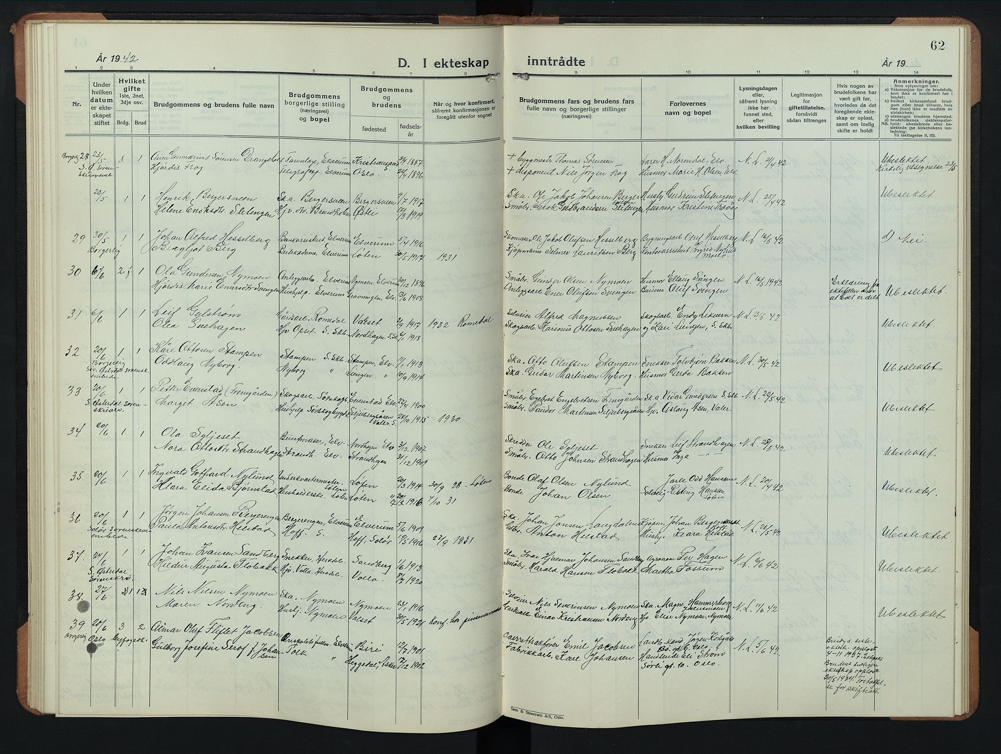 Elverum prestekontor, AV/SAH-PREST-044/H/Ha/Hab/L0033: Parish register (copy) no. 33, 1934-1947, p. 62