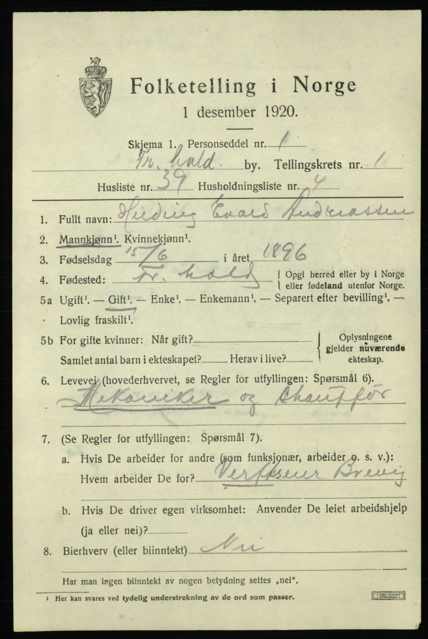 SAO, 1920 census for Fredrikshald, 1920, p. 8867