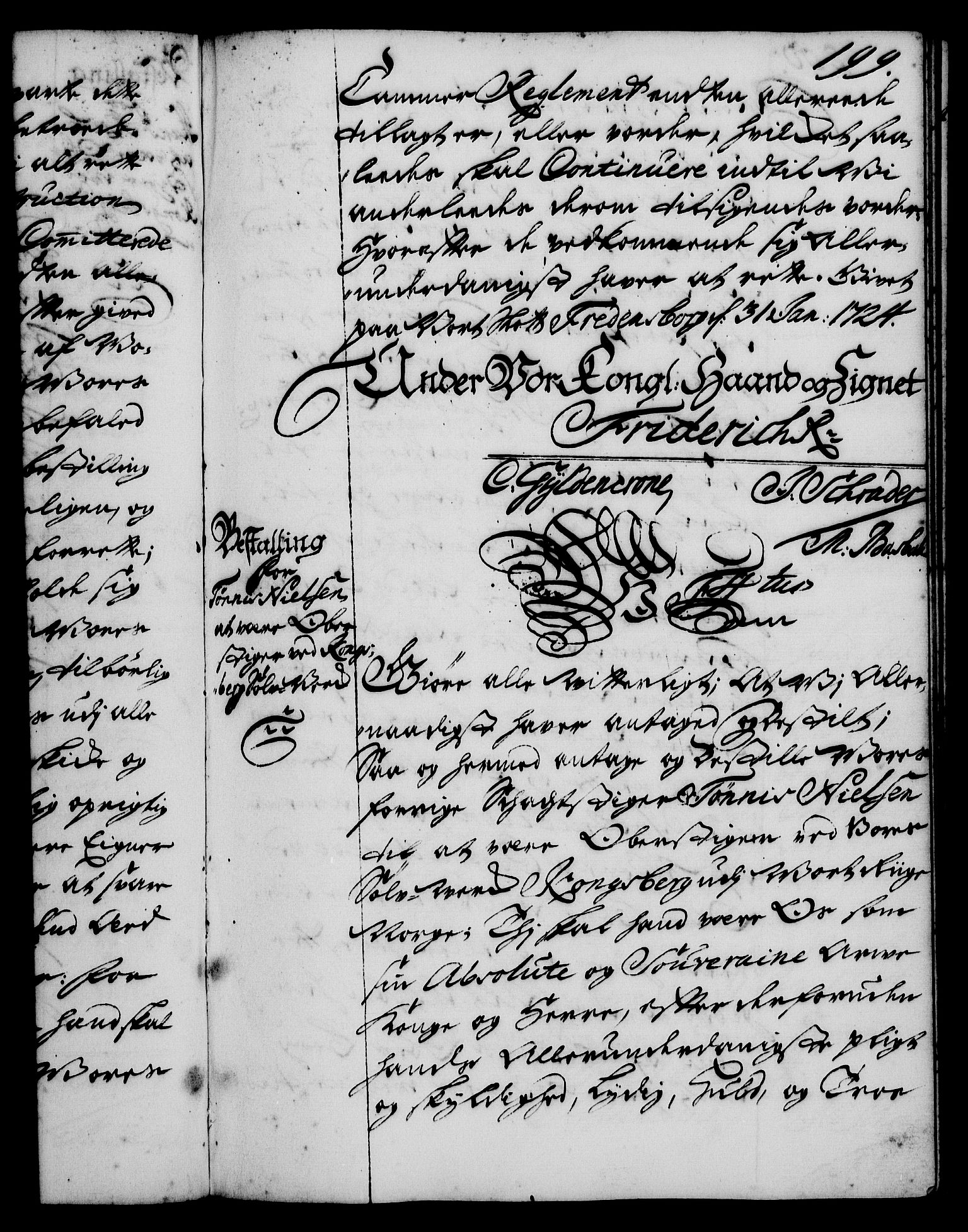 Rentekammeret, Kammerkanselliet, RA/EA-3111/G/Gg/Gge/L0001: Norsk bestallingsprotokoll med register (merket RK 53.25), 1720-1730, p. 199