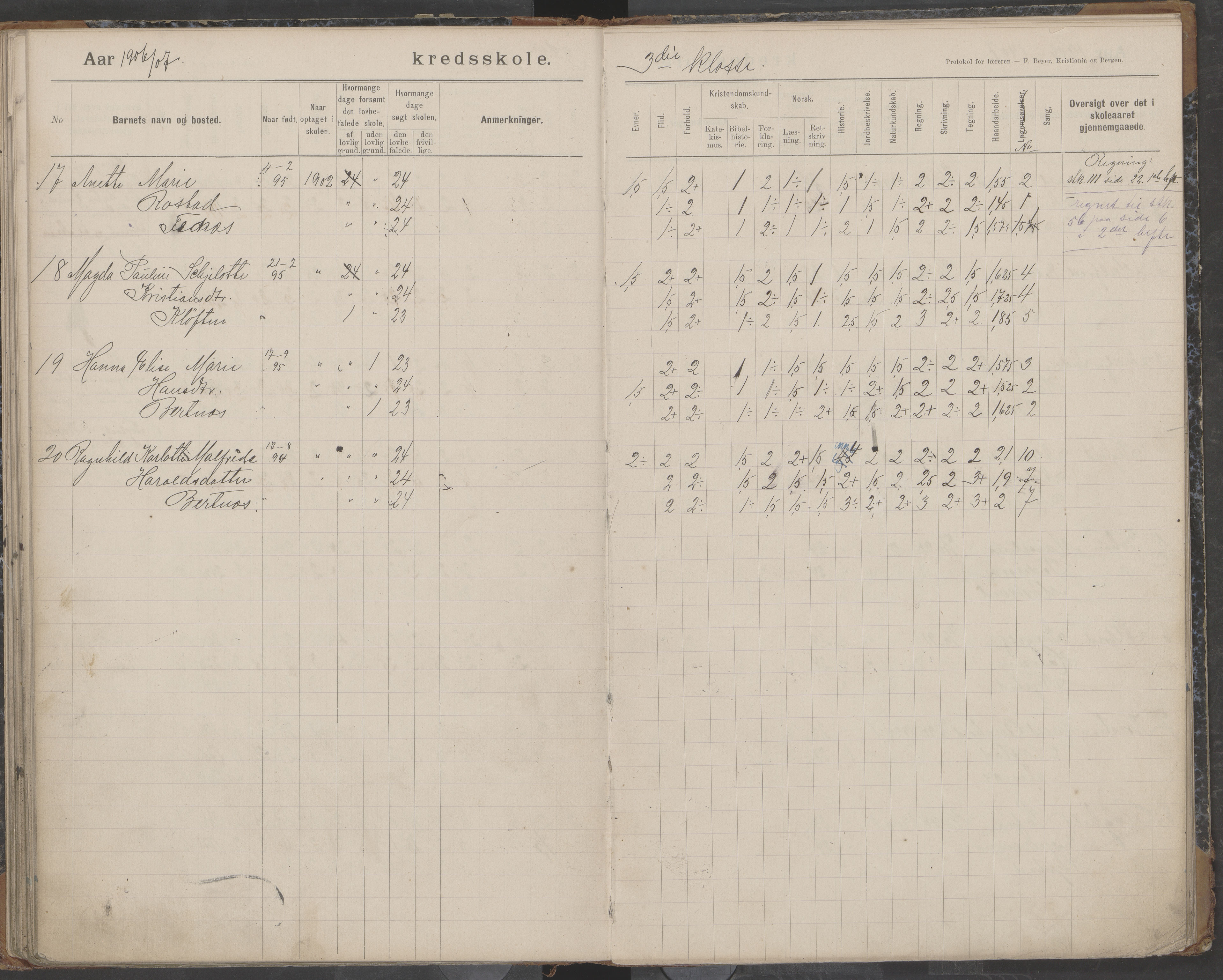 Bodin kommune. Støver skolekrets, AIN/K-18431.510.07/F/Fa/L0003: Skoleprotokoll, 1900-1909