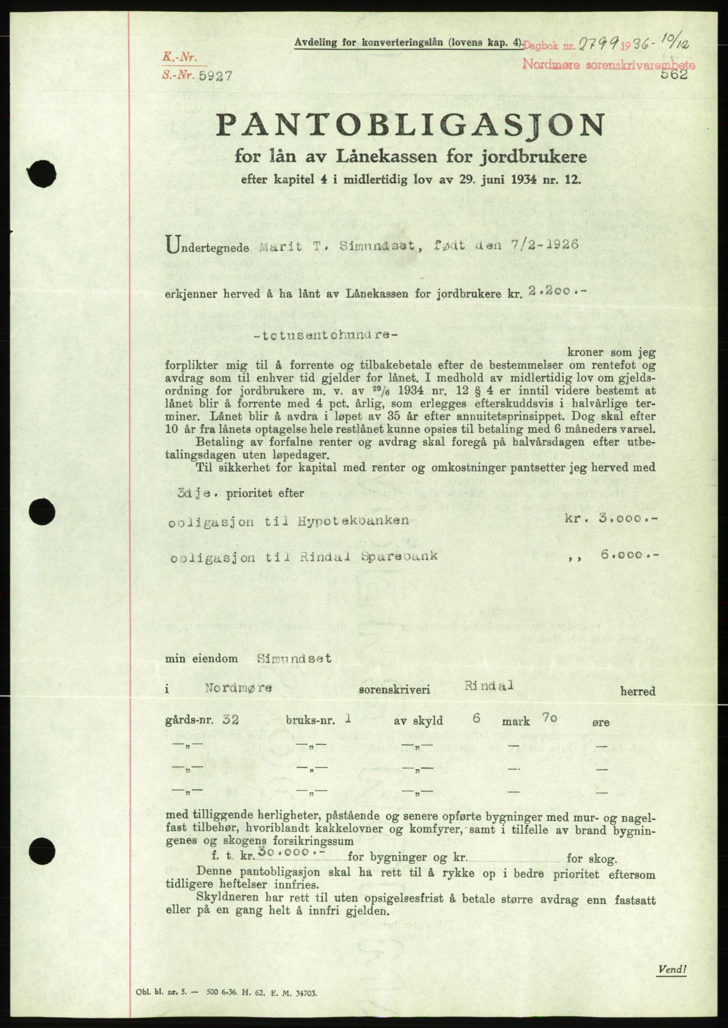 Nordmøre sorenskriveri, AV/SAT-A-4132/1/2/2Ca/L0090: Mortgage book no. B80, 1936-1937, Diary no: : 2799/1936