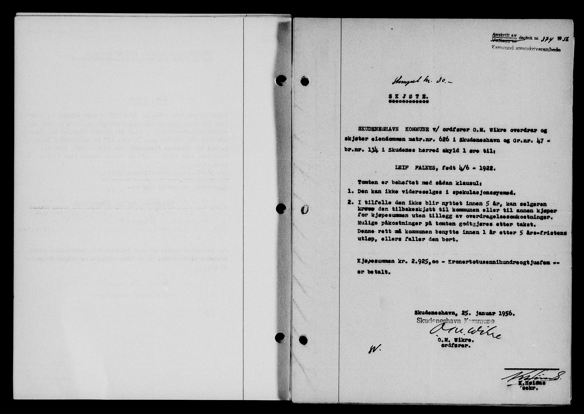 Karmsund sorenskriveri, SAST/A-100311/01/II/IIB/L0118: Mortgage book no. 98A, 1955-1956, Diary no: : 374/1956