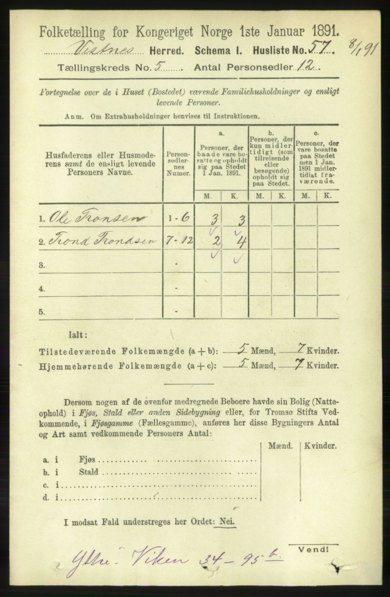 RA, 1891 census for 1535 Vestnes, 1891, p. 1825