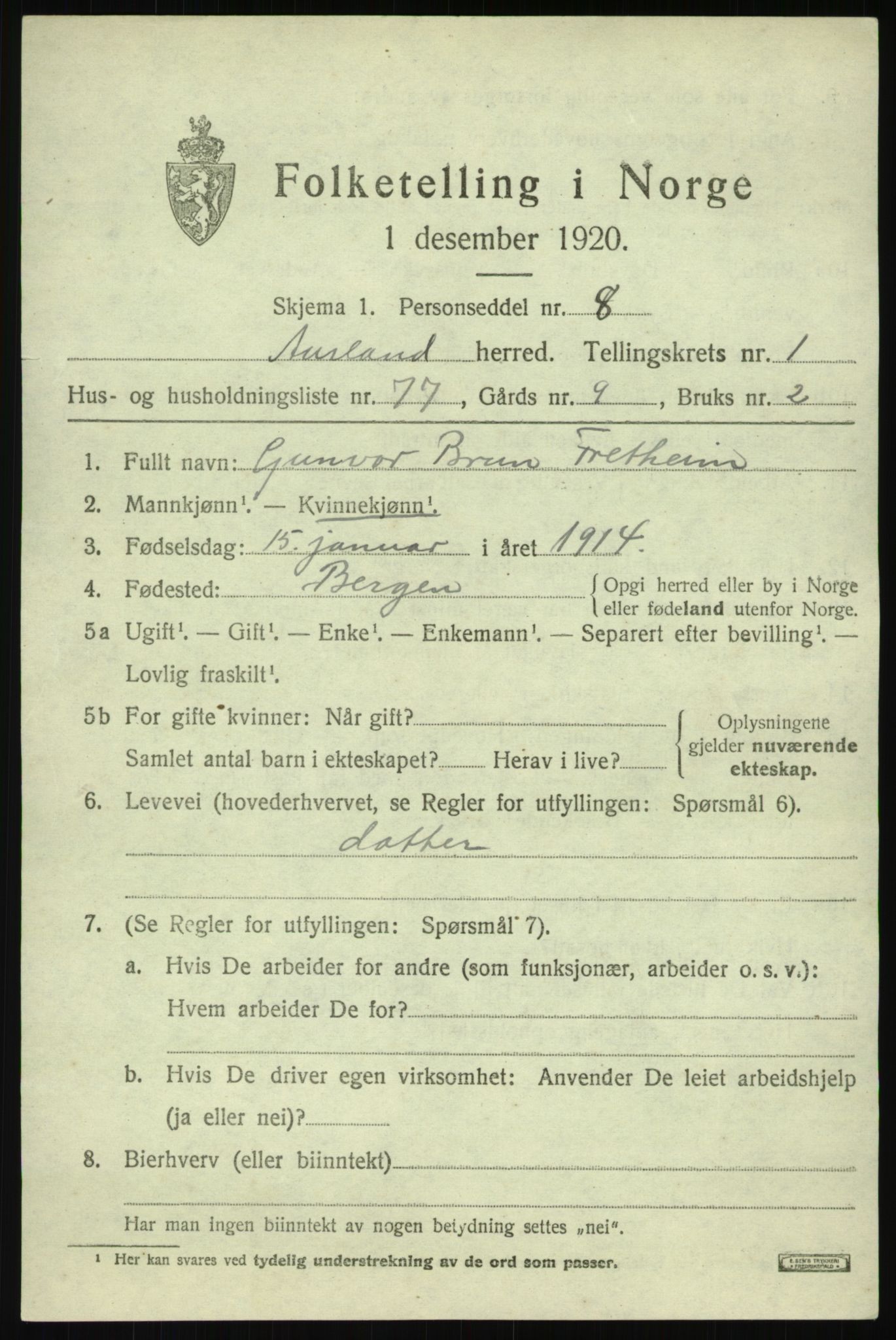 SAB, 1920 census for Aurland, 1920, p. 1828