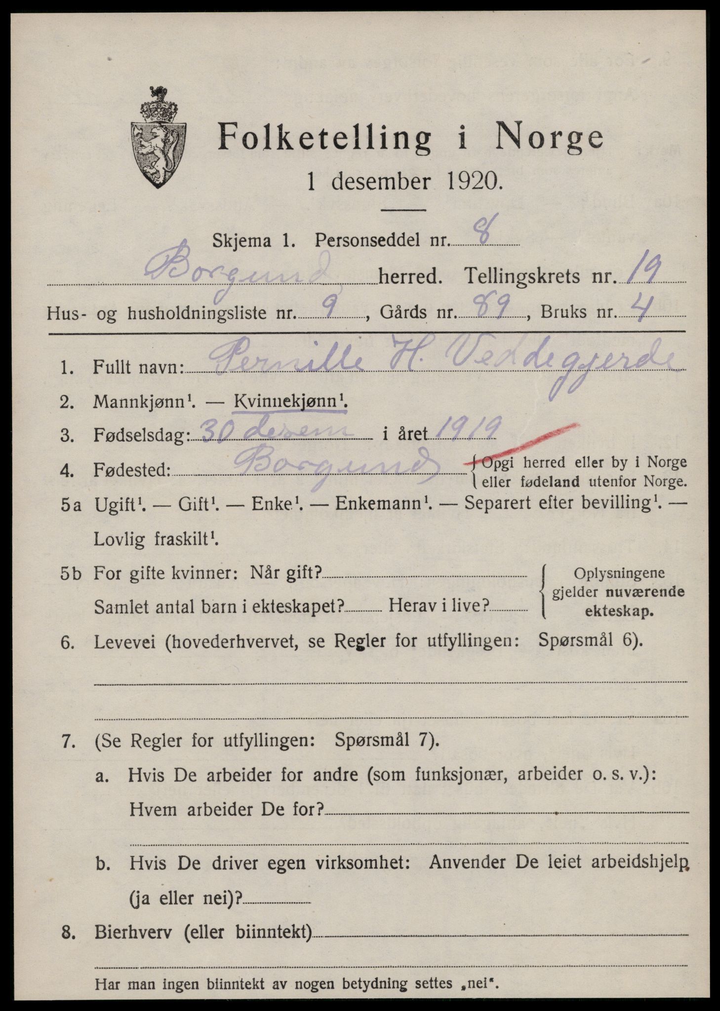 SAT, 1920 census for Borgund, 1920, p. 13434