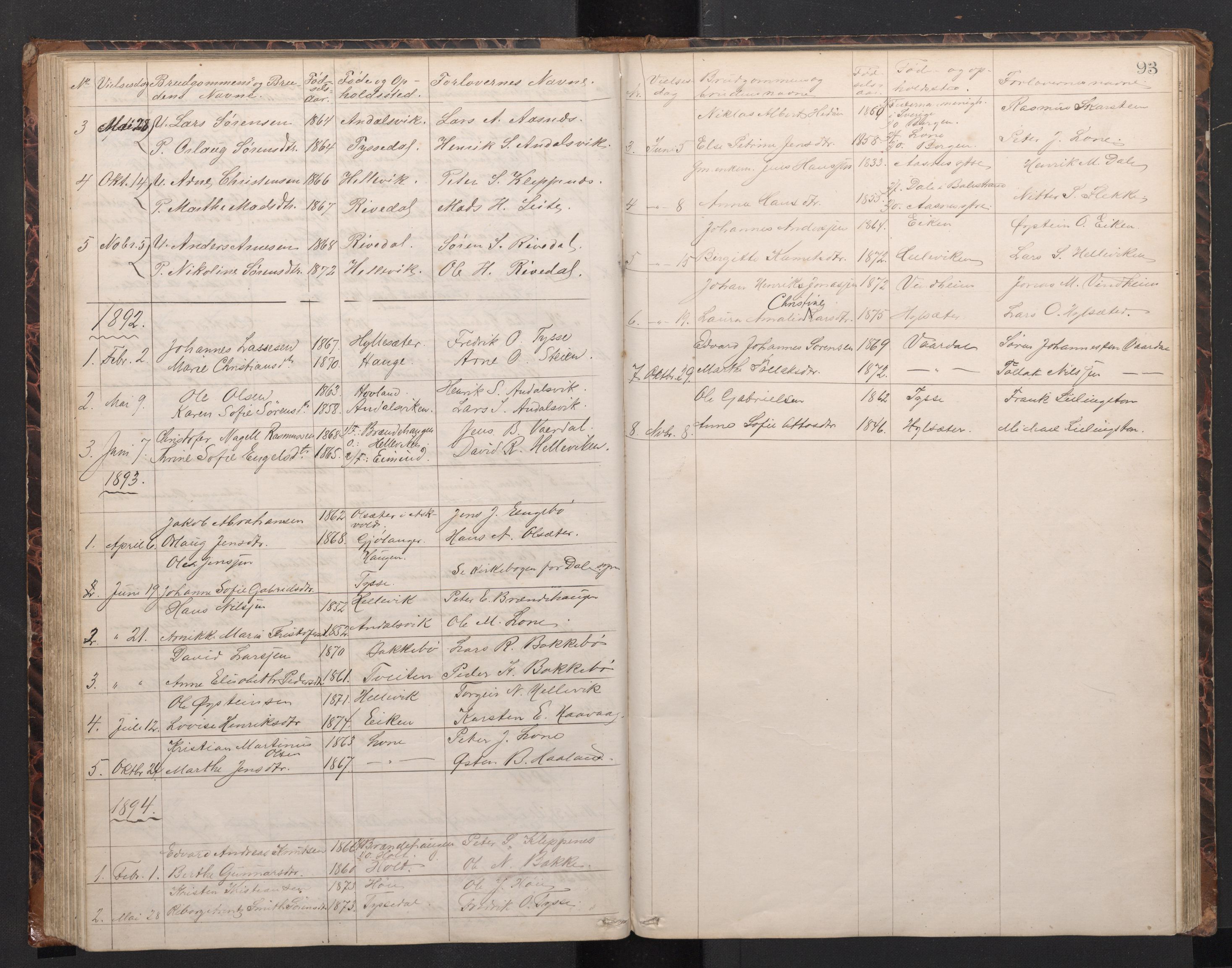 Fjaler sokneprestembete, AV/SAB-A-79801/H/Hab/Habb/L0001: Parish register (copy) no. B 1, 1865-1894, p. 92b-93a