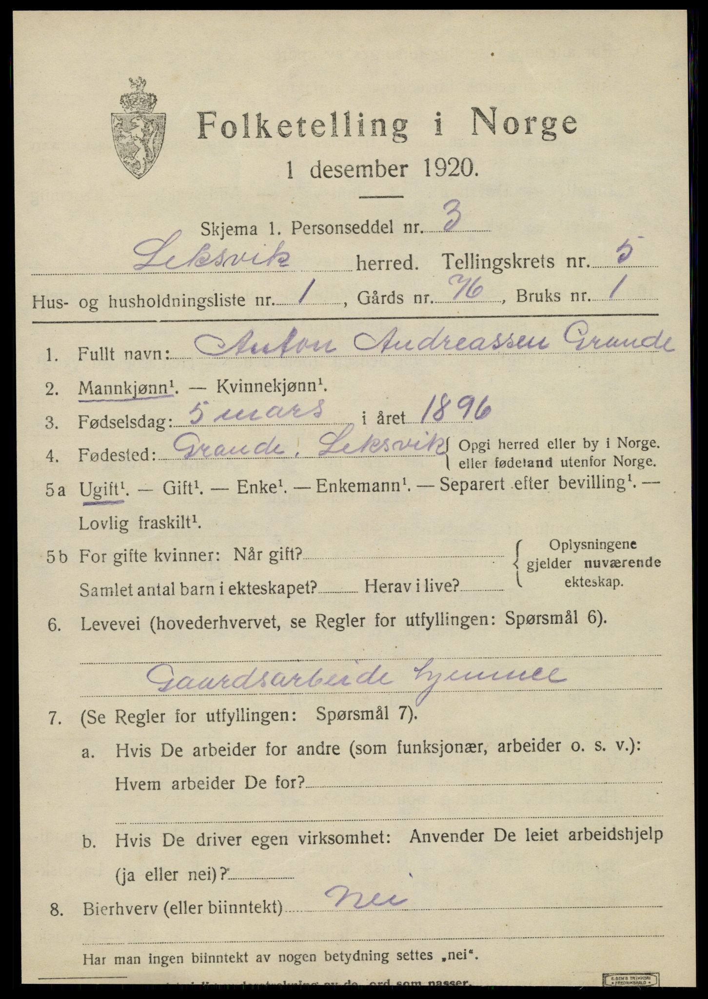 SAT, 1920 census for Leksvik, 1920, p. 4820
