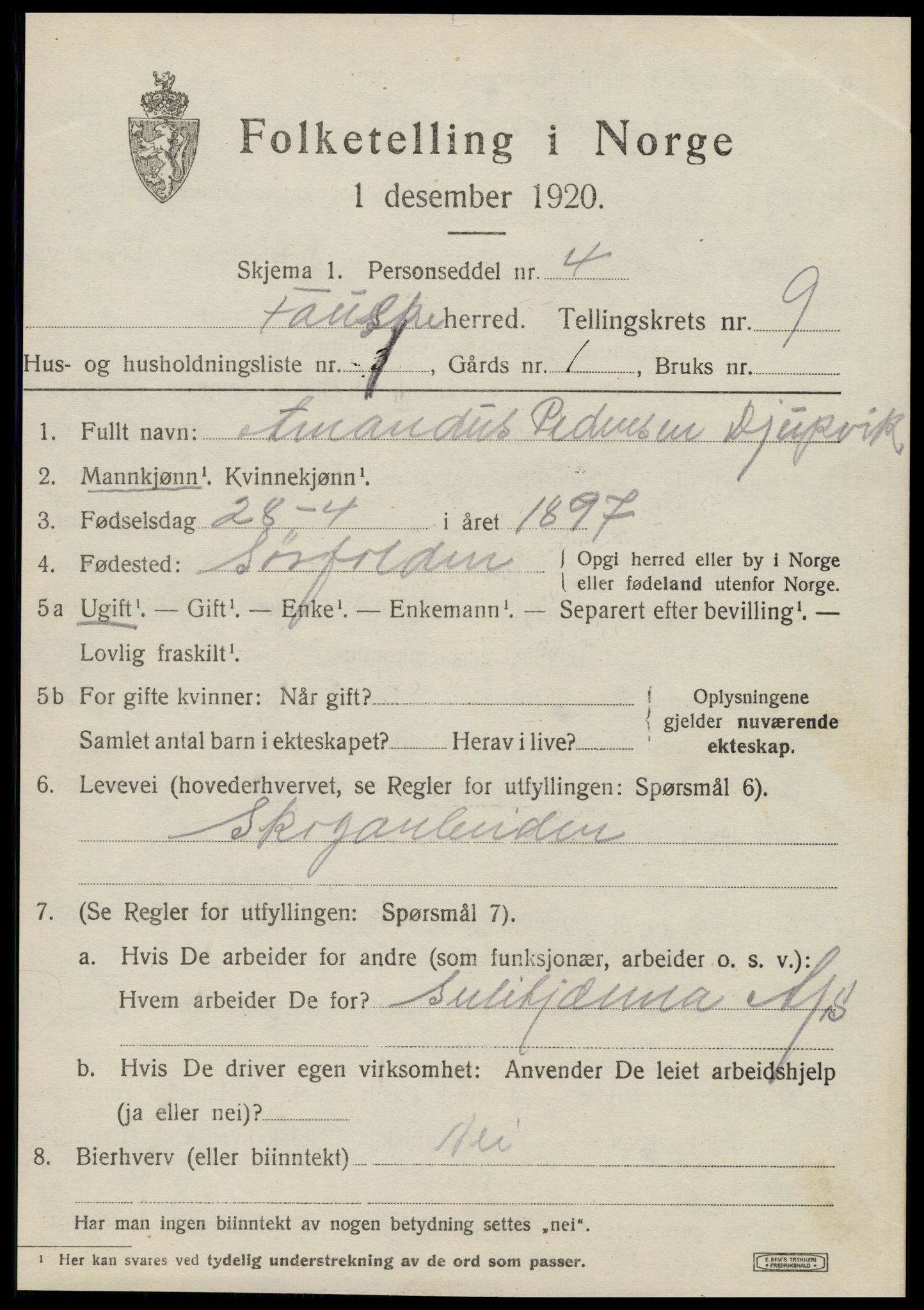 SAT, 1920 census for Fauske, 1920, p. 7022