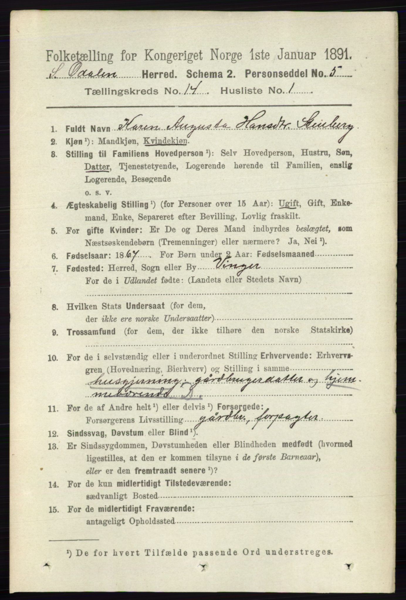 RA, 1891 census for 0419 Sør-Odal, 1891, p. 5989