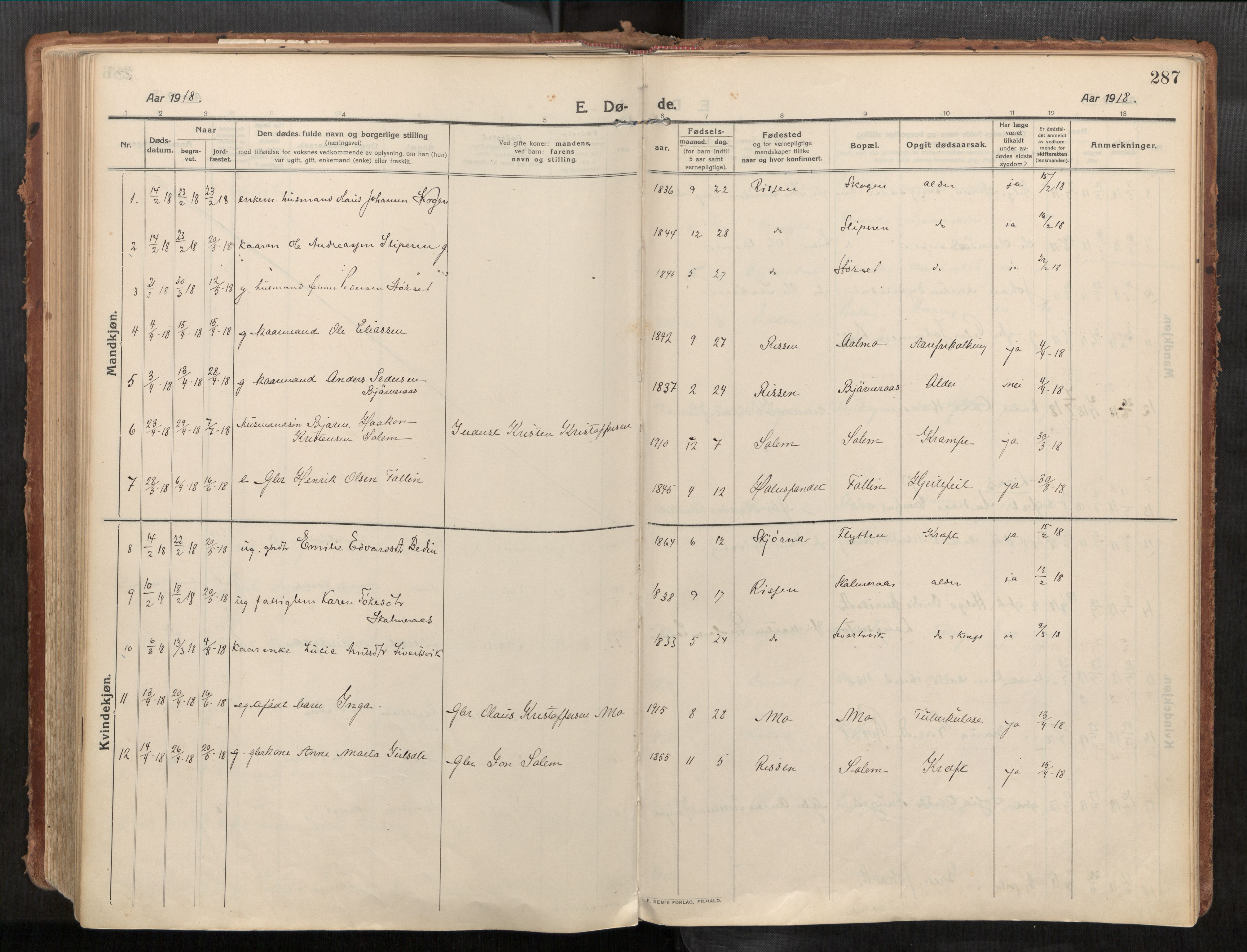 Stadsbygd sokneprestkontor, AV/SAT-A-1117/1/I/I1/I1a/L0001: Parish register (official) no. 1, 1911-1929, p. 287