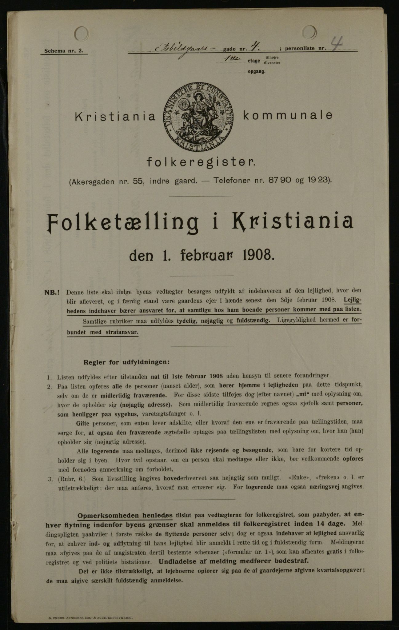 OBA, Municipal Census 1908 for Kristiania, 1908, p. 14