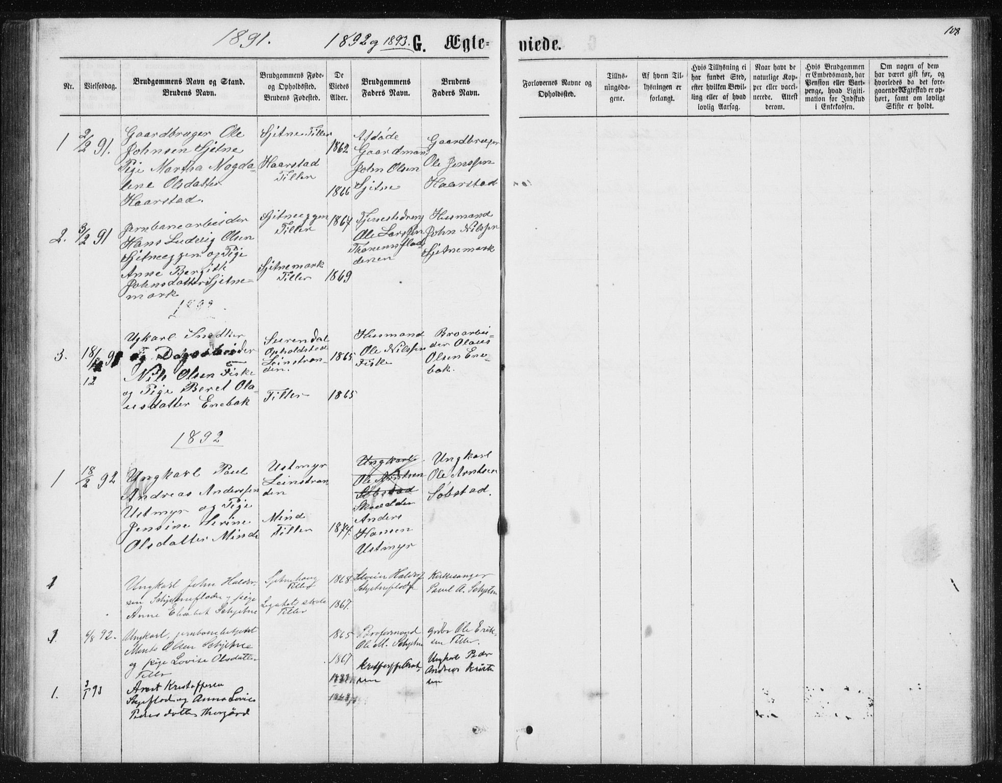 Ministerialprotokoller, klokkerbøker og fødselsregistre - Sør-Trøndelag, SAT/A-1456/621/L0459: Parish register (copy) no. 621C02, 1866-1895, p. 108
