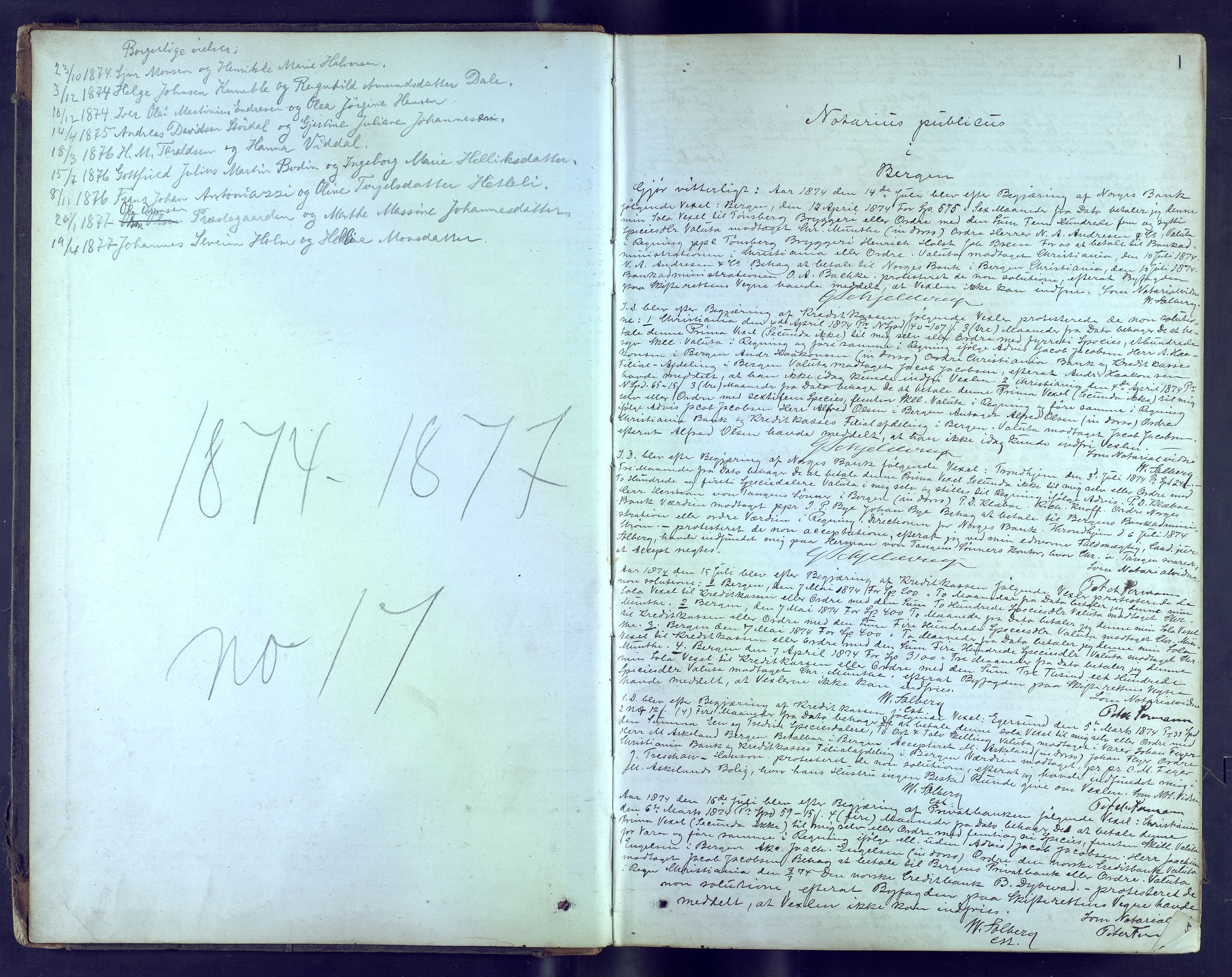 Byfogd og Byskriver i Bergen, AV/SAB-A-3401/10/10A/L0017: Notarialprotokoller, 1874-1877, p. 1a