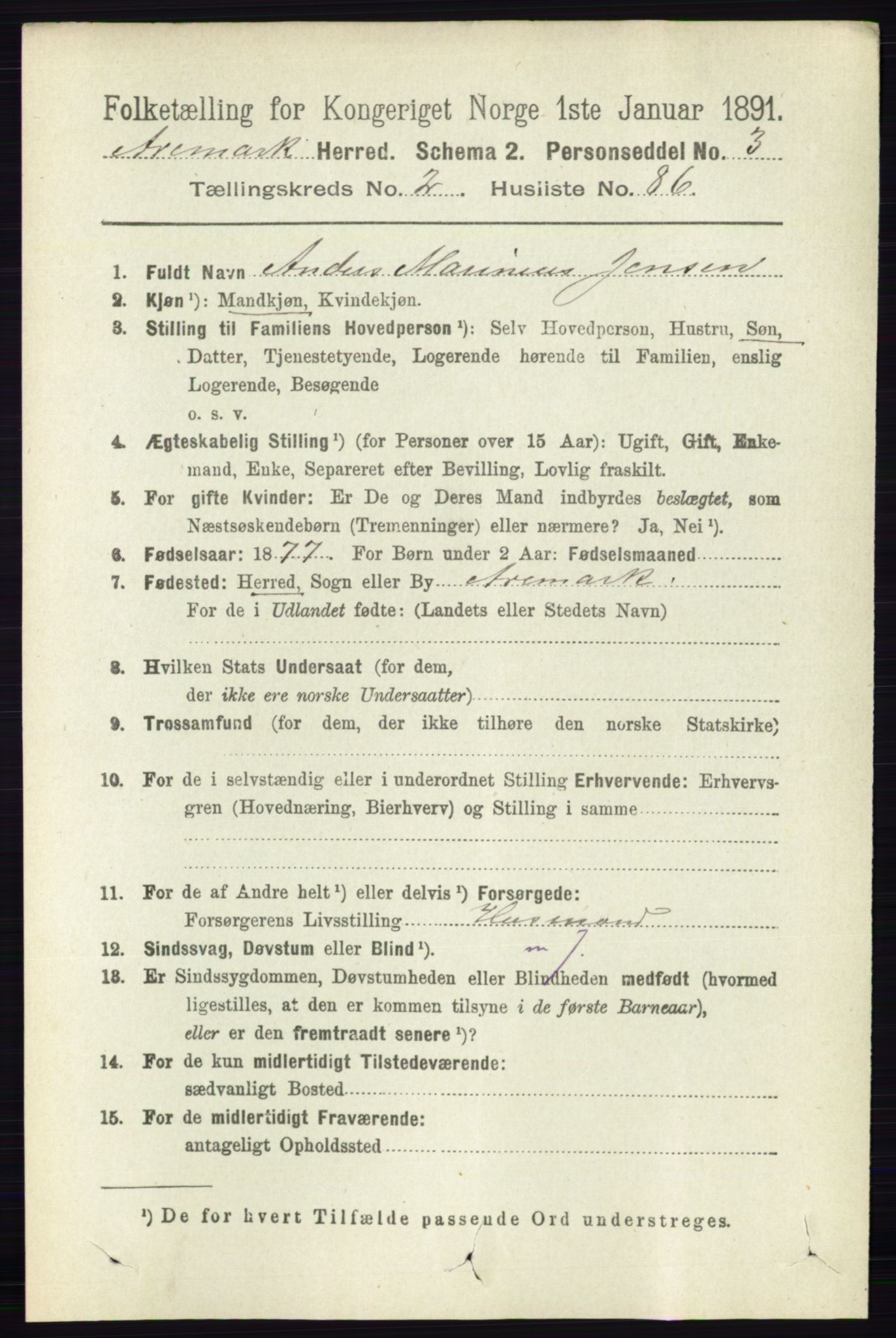 RA, 1891 census for 0118 Aremark, 1891, p. 1326